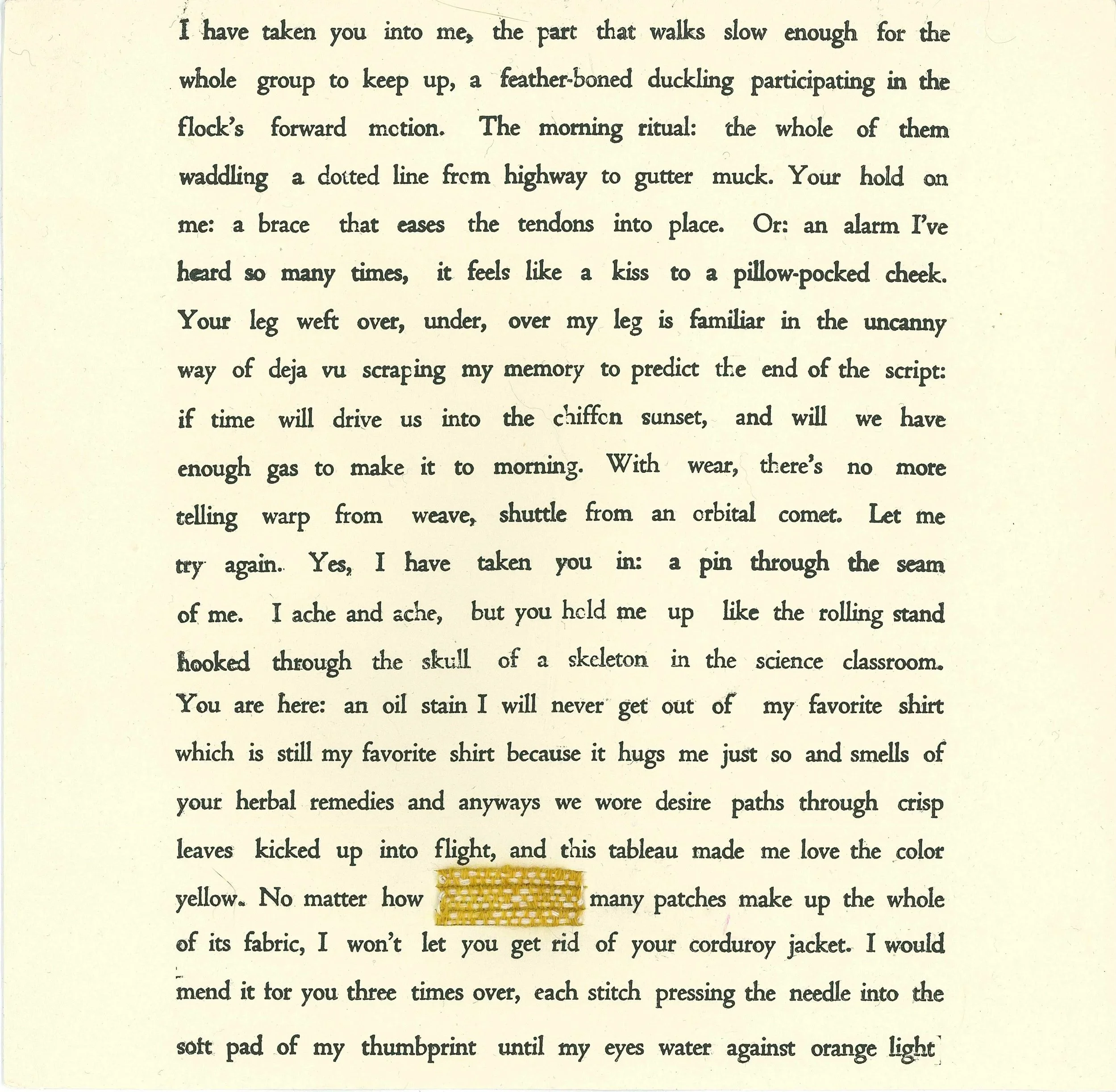 Page 1 of "Mended Haibun," featuring a letterpresses prose poem with a small sewn patch in the middle of the text.