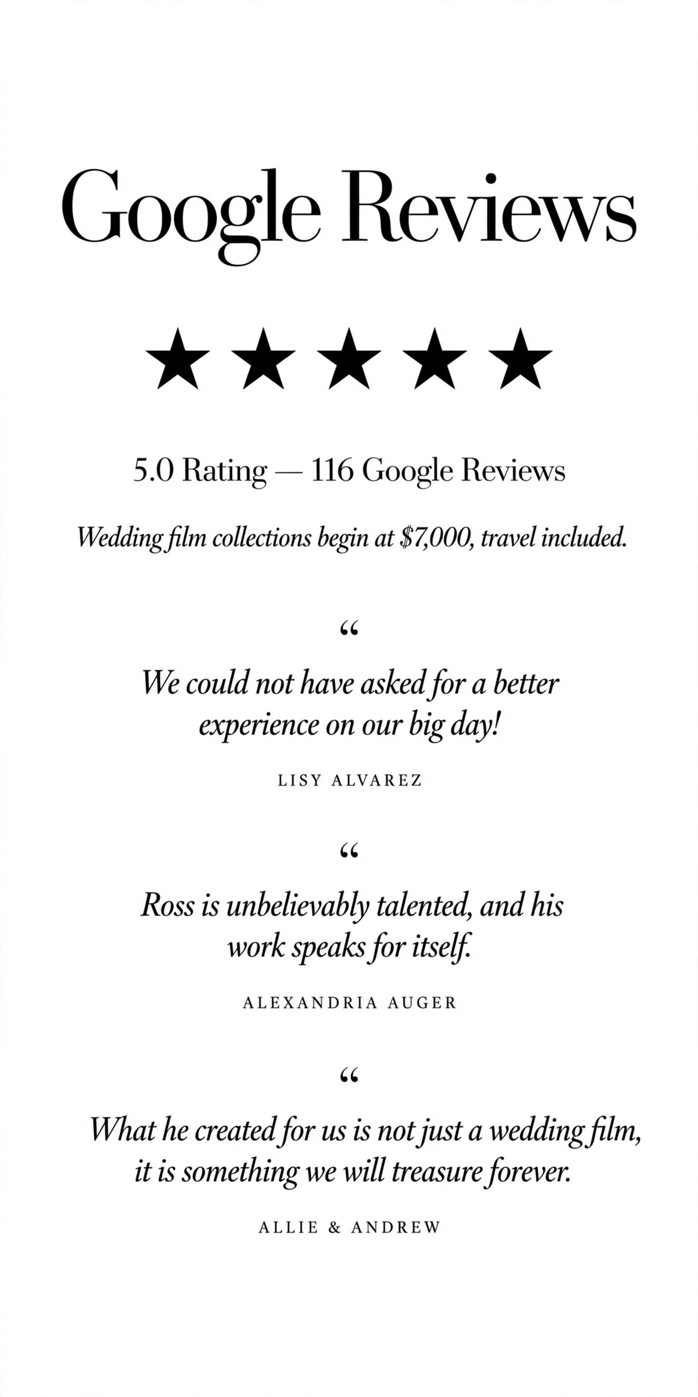Google reviews for Films by Ross — 5.0 rating from 116 reviews with client testimonials