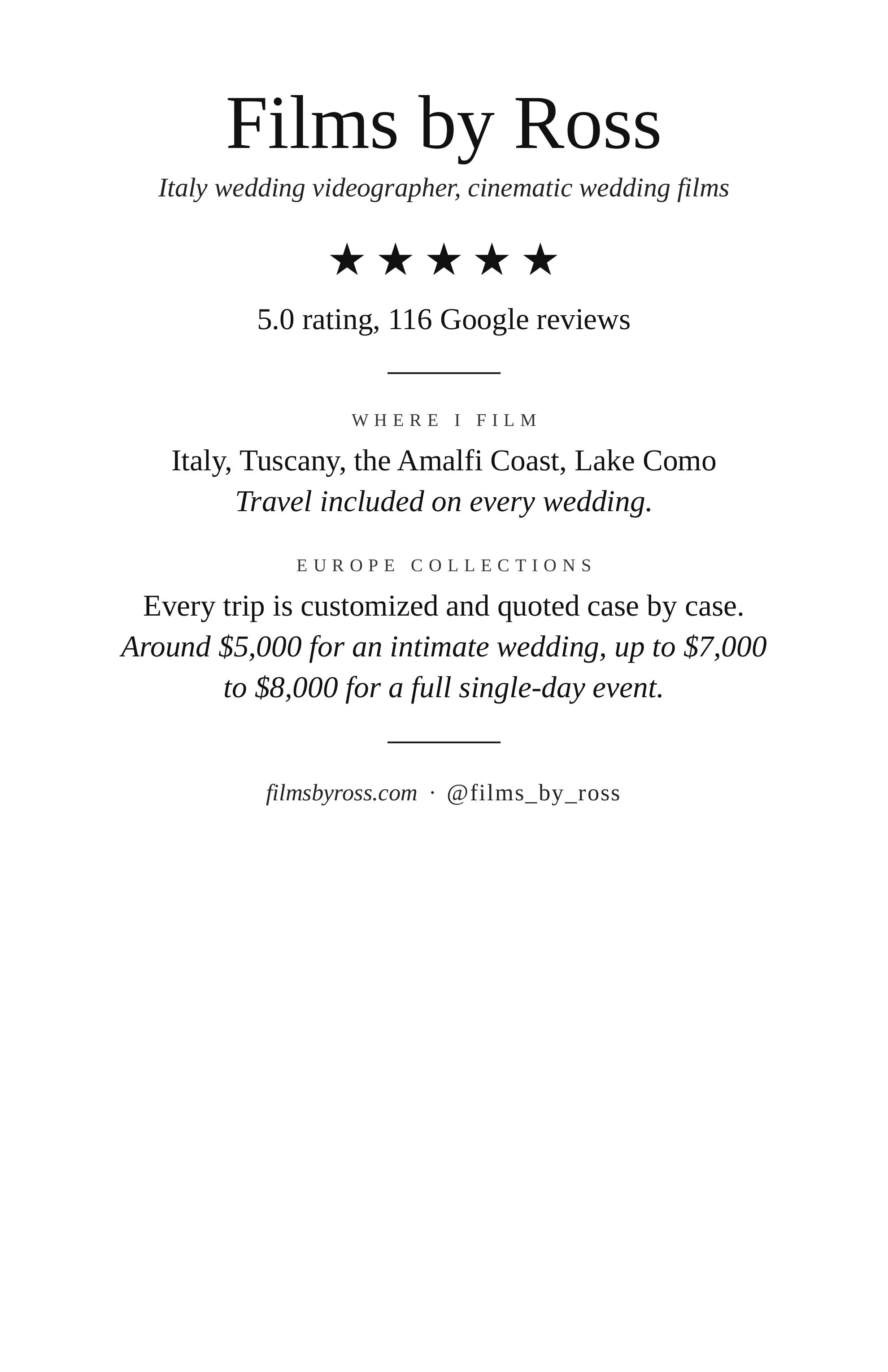 Films by Ross Italy wedding videographer reviews and pricing