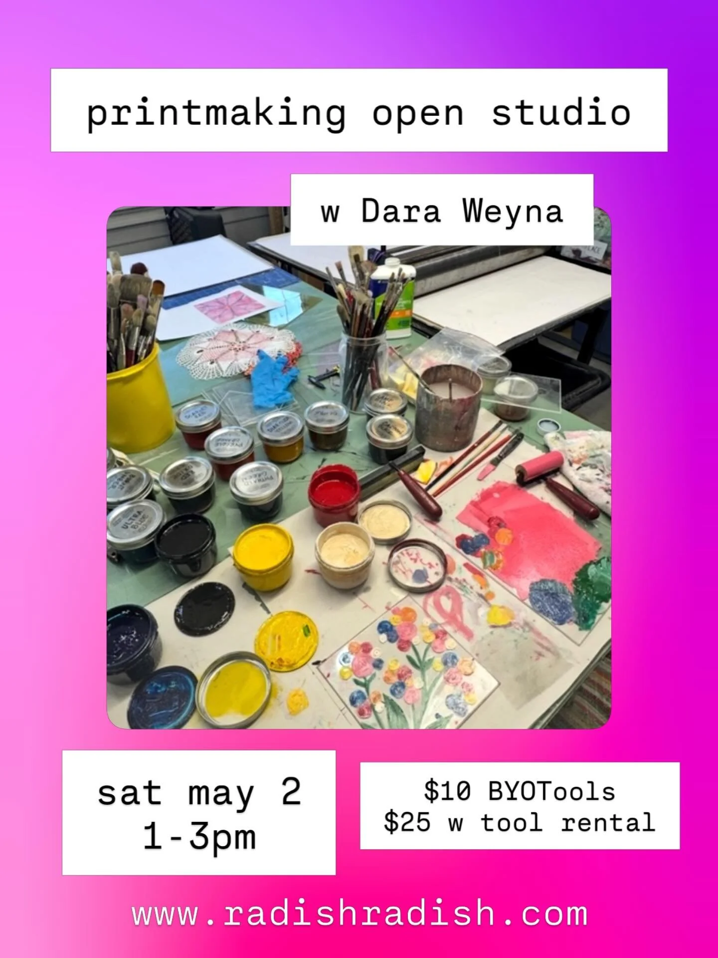 Come play at our monthly open press! Bring your printmaking project, spread out, and use our big beautiful vintage press. Register at our link in bio.