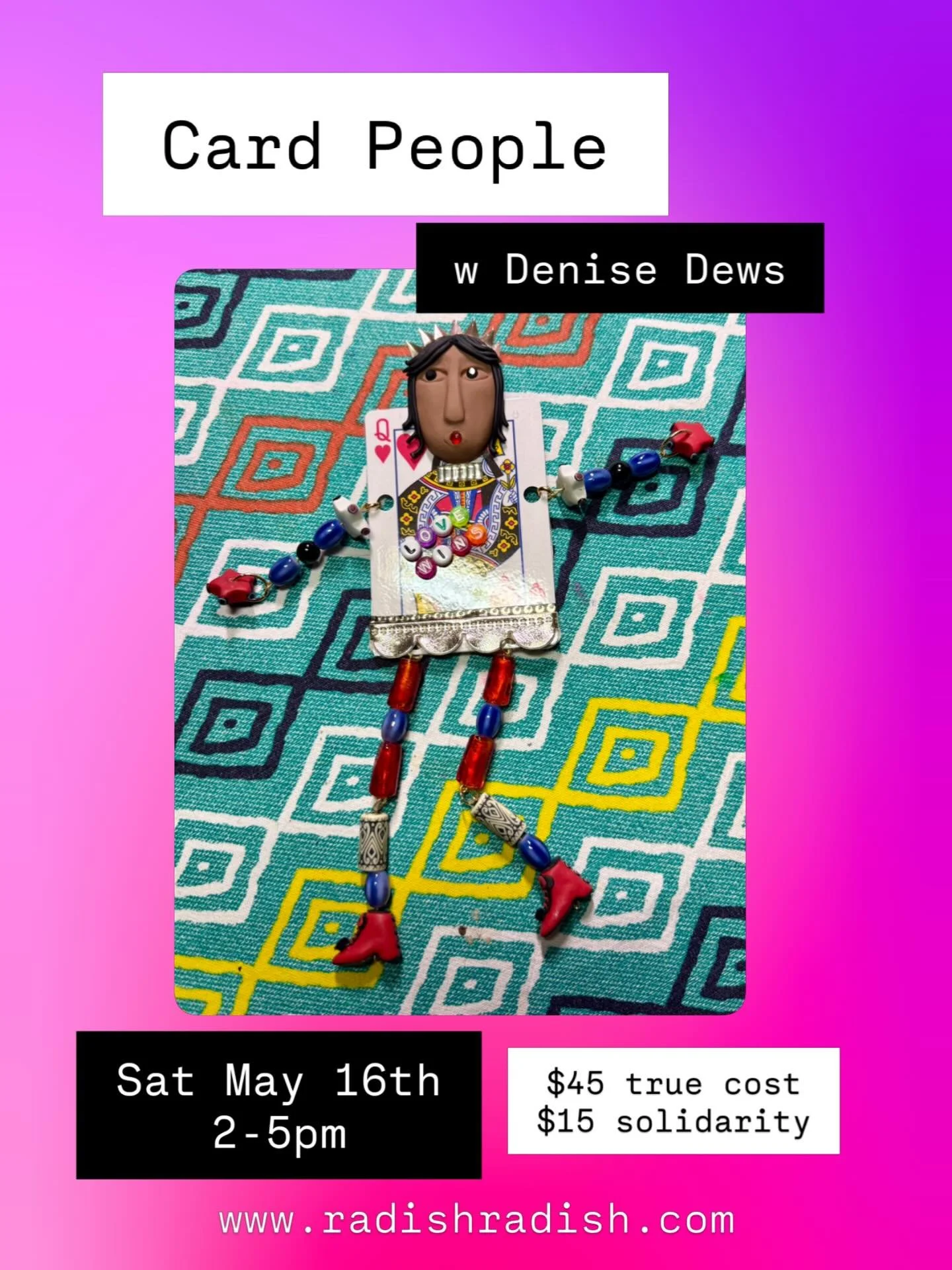 Sculpt and bead and assemble your own card person with Denise Dews (@sacredartsstudioatx) on May 16th. You will learn which playing card represents your birthday, and create in this casual and fun class. Everything provided, no experience necessary. 