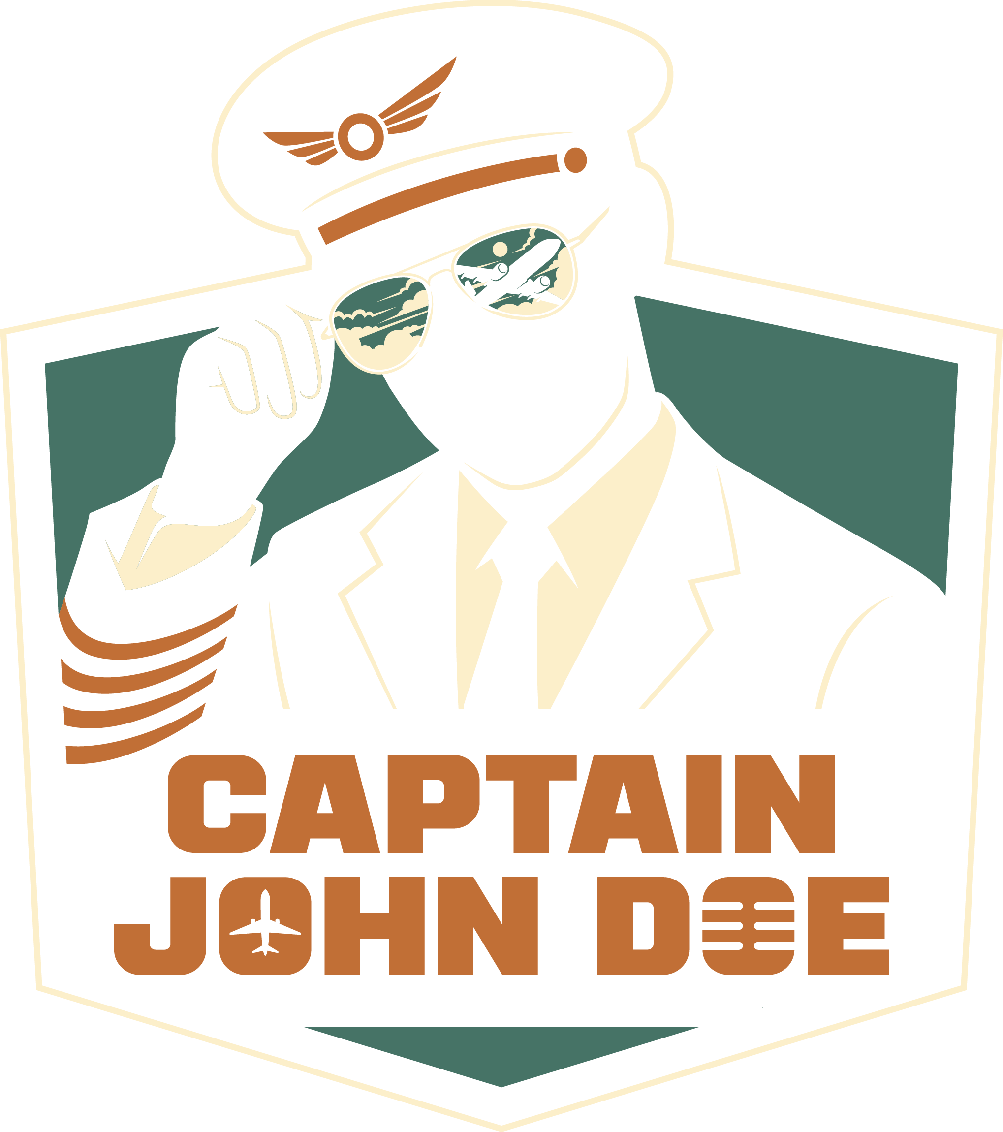 Illustration of a pilot wearing sunglasses, a uniform, and a pilot hat with wings emblem, holding sunglasses, with the words "Captain John Dee" and an airplane symbol in the text.