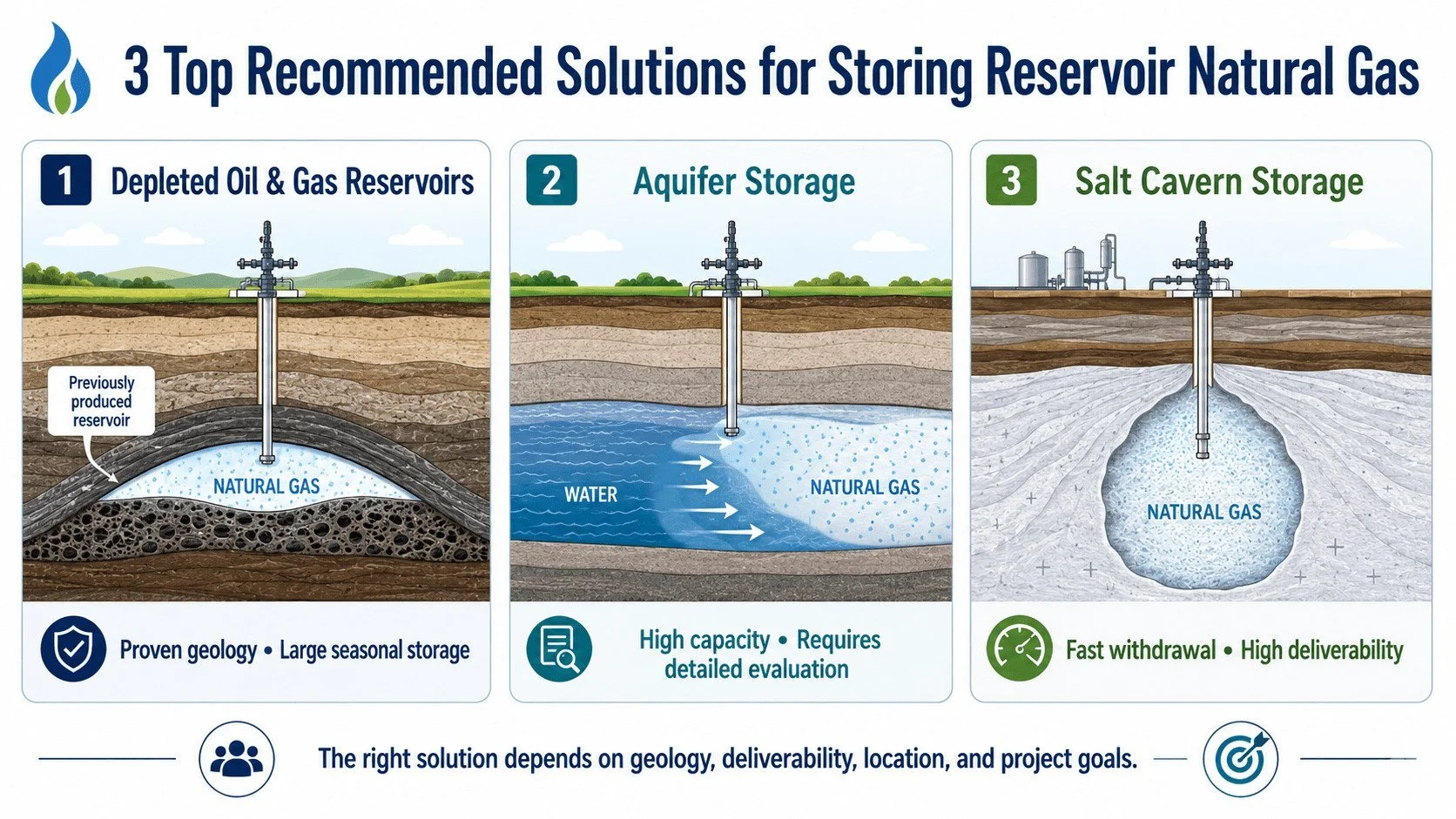 infographic for the top 3 solutions for storing natural gas