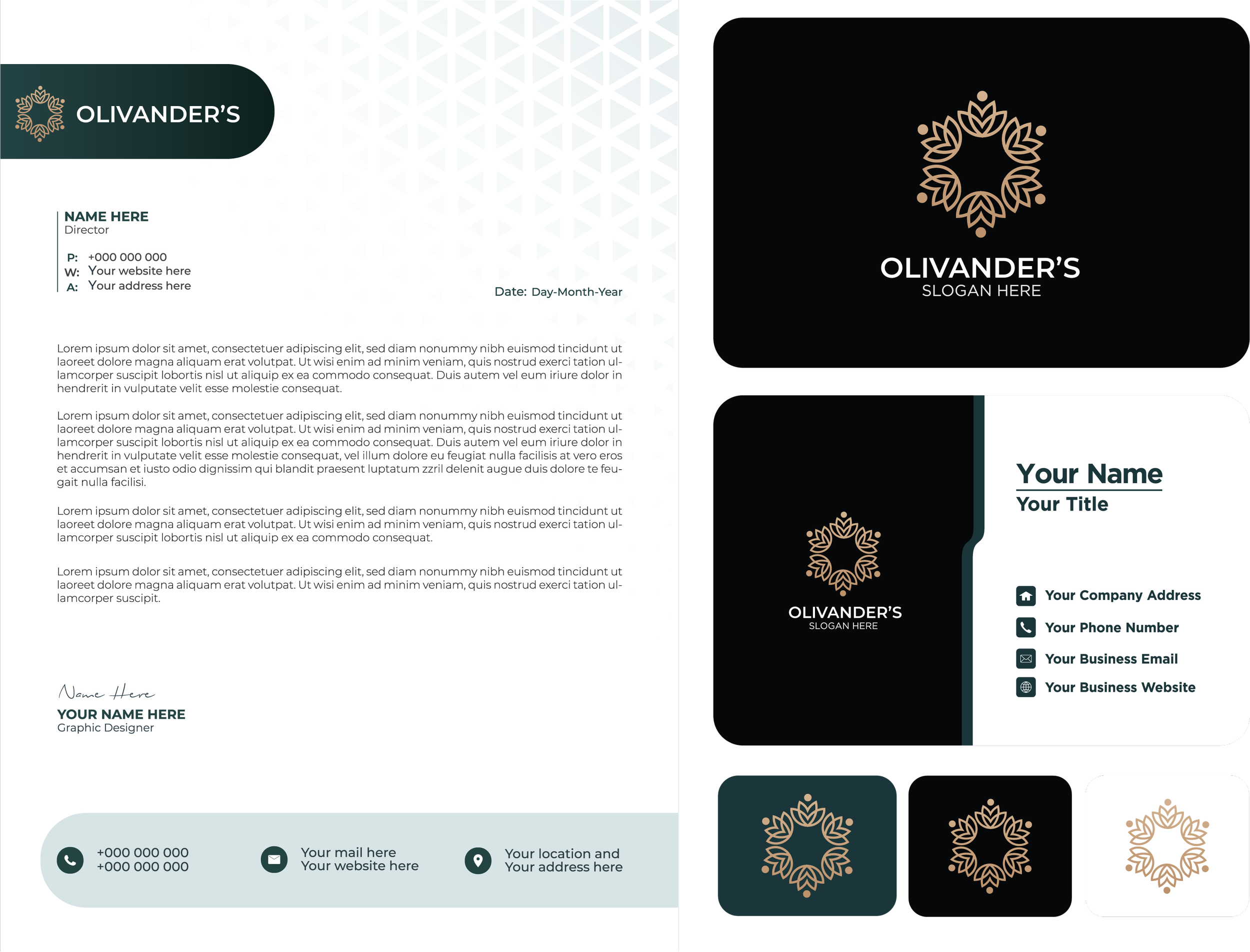 A digital branding and business stationery set featuring an elegant logo design with floral motifs in gold and beige tones, on black and white backgrounds, including a letterhead, business card, and icon options.