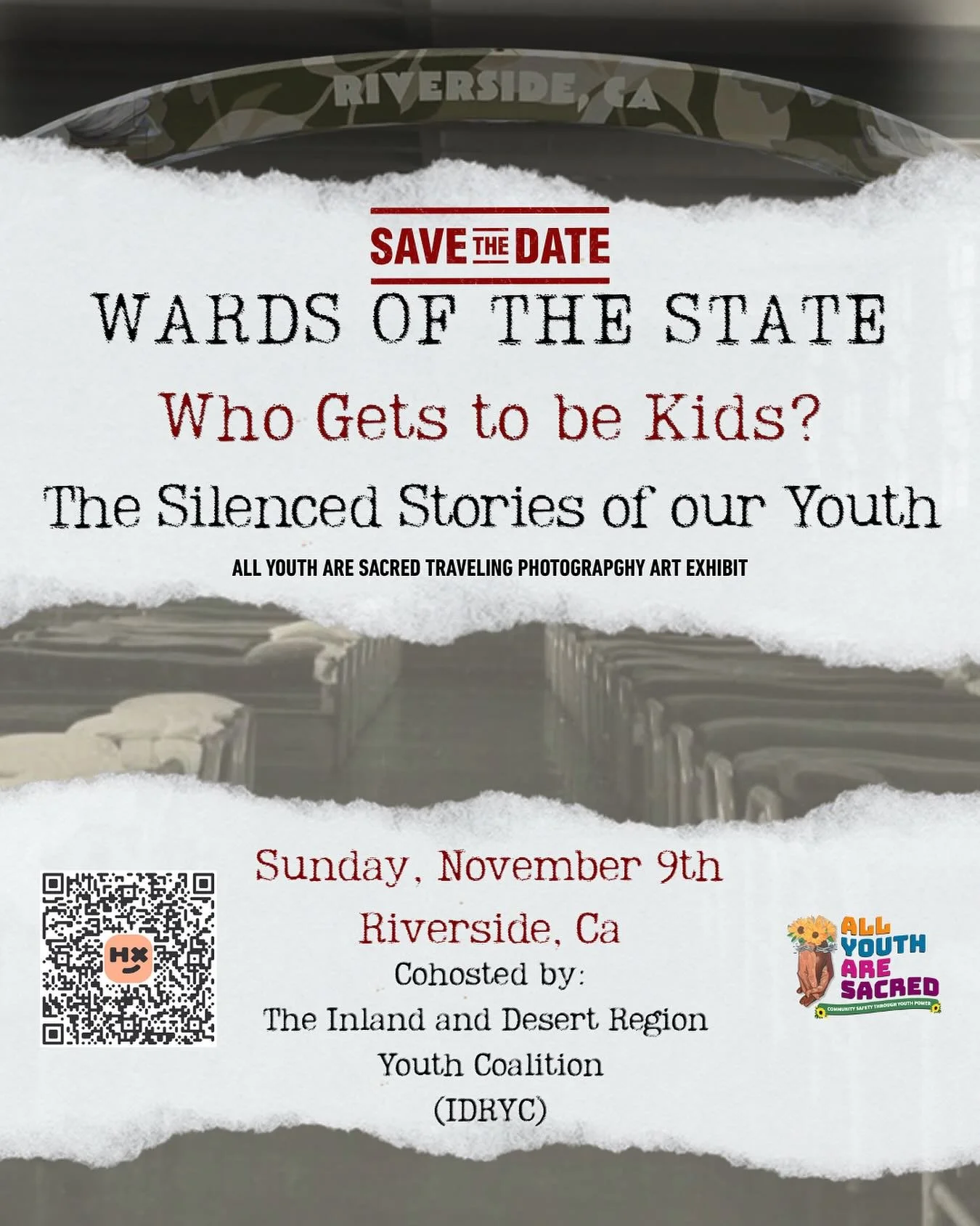 Part 2 of our traveling photography exhibit goes live with our kick off in Riverside, CA! 📷 ✨

Wards of the State: Who gets to be kids? 

The Silenced Stories of Our Youth Art Exhibit 

**Location and Time: TO BE CONFIRMED!**

#TruthofOurYouth #WhoG