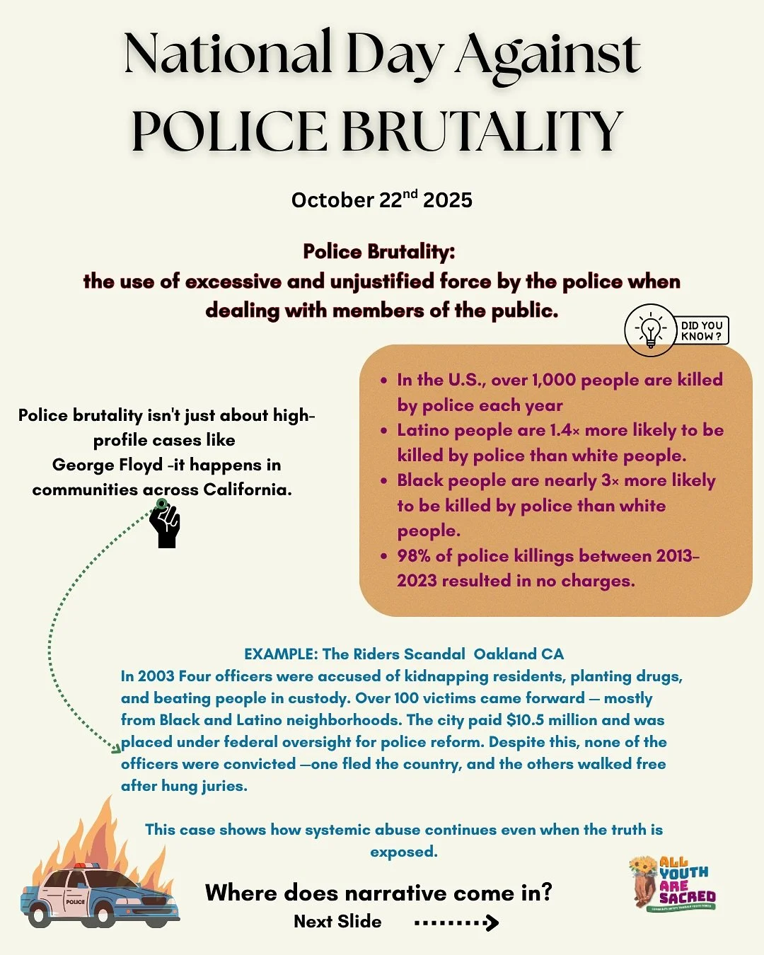 October 22nd, National Day of Protest Against Police Brutality: 

Police terror is a rampant issue in many of our communities. Policing is not a solution to crime. Communities are safer when we invest in ourselves, our youth, &amp; our futures. Commu
