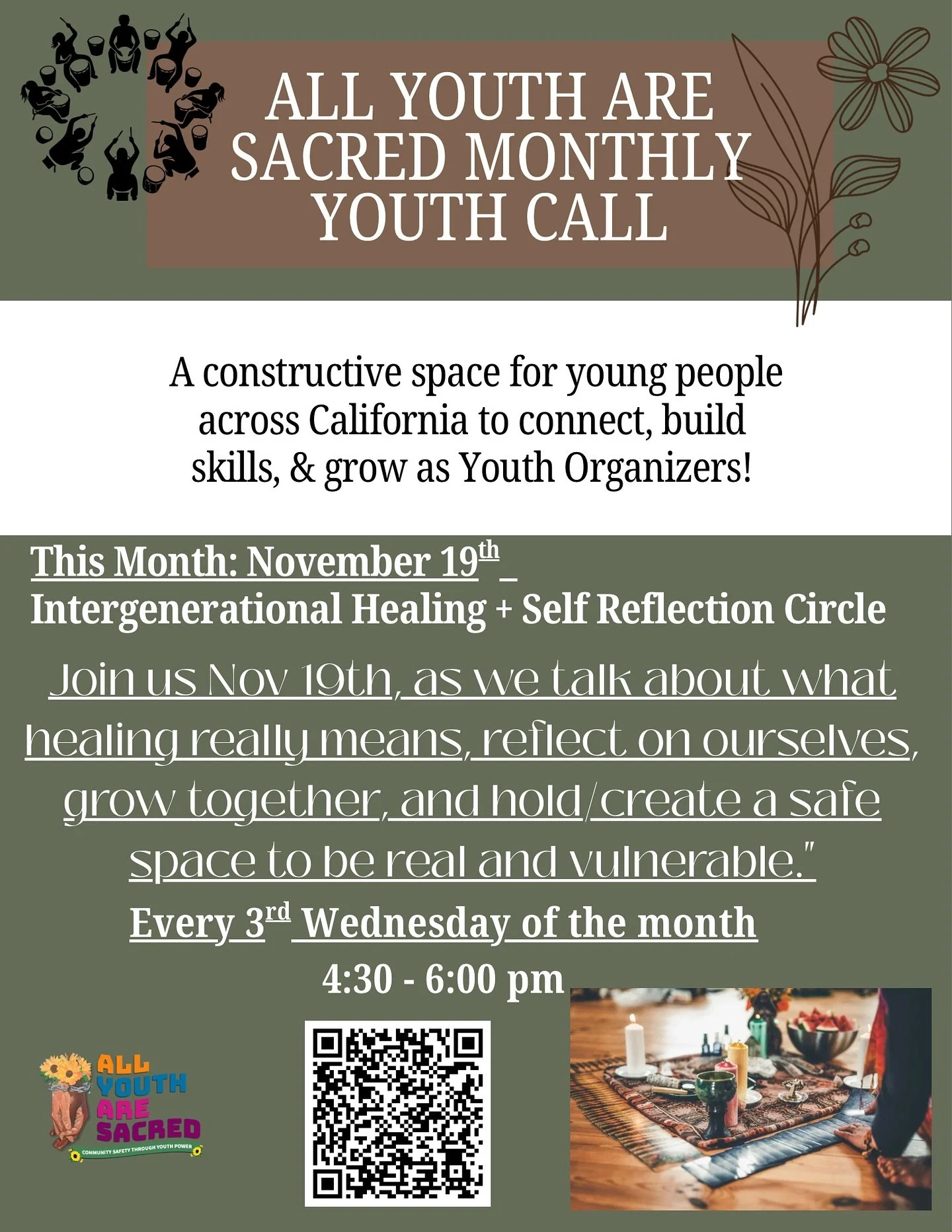 Join us next week for a healing circulo on Intergenerational Healing + Self-Reflection🫂🫱🏾&zwj;🫲🏿. 

Click the link in our bio to register for our Monthly Youth Call

We look forward to seeing you there!!
#allyoutharesacred #peoplepower #communit