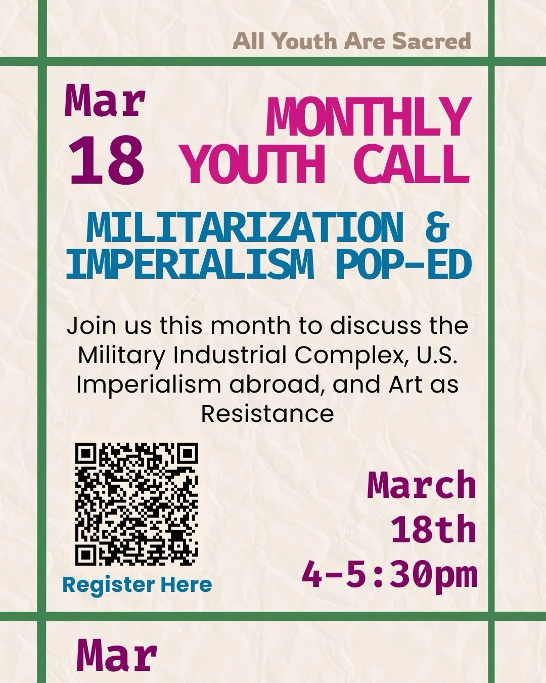 The youth stand against U.S. imperialism❗️join our monthly youth call next Wednesday 3/18 for a discussion on militarization, imperialism, and art as resistance✊🏿 register with the QR code or at the link in our bio🔗 #allyoutharesacred #makelovenotw