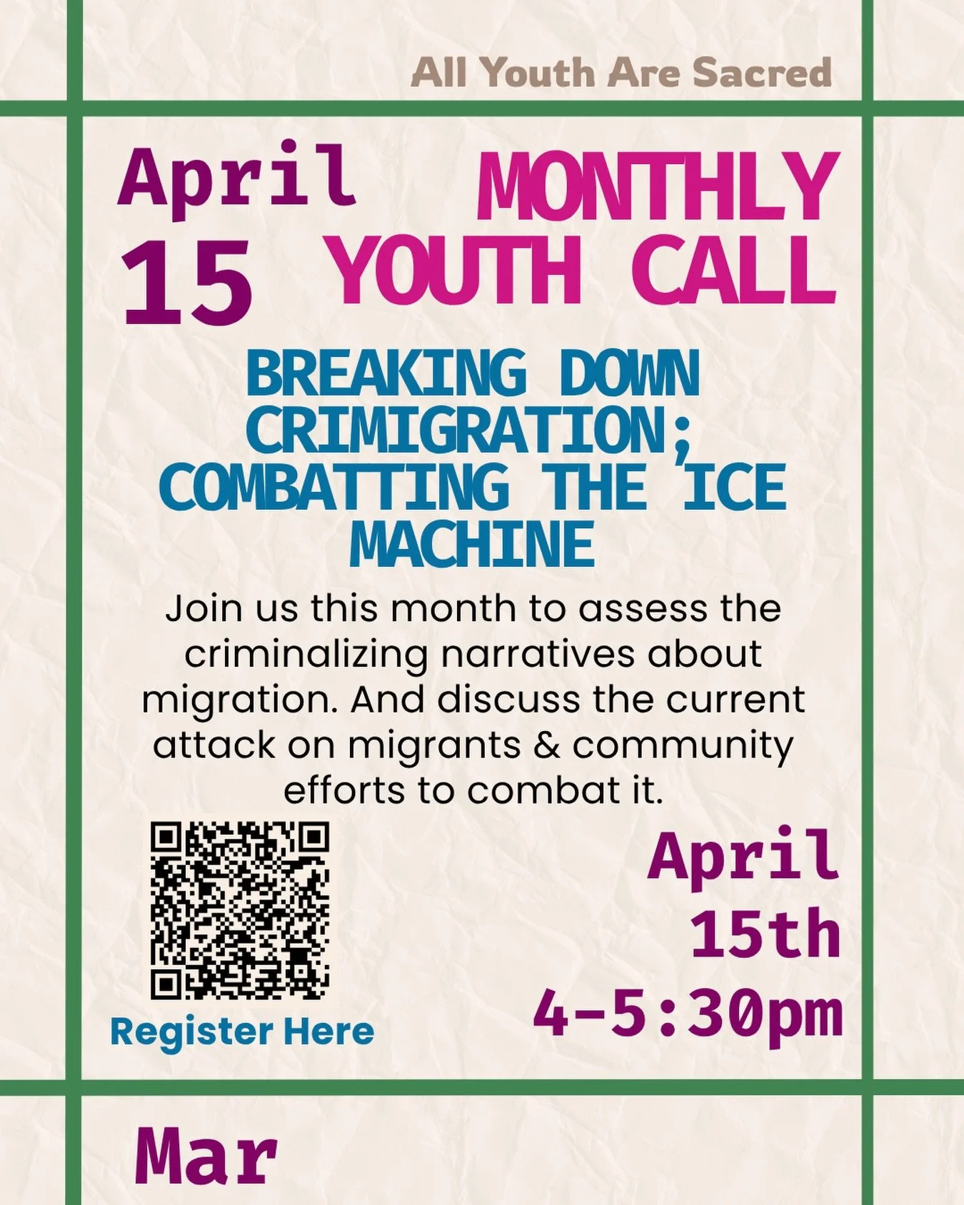 It&rsquo;s about that time of the month🗓️ Join our monthly youth call to discuss the current attack on migrant communities and assess the criminalizing narratives about migration, Wednesday April 15th❗️❗️ register using the QR code or the link in ou