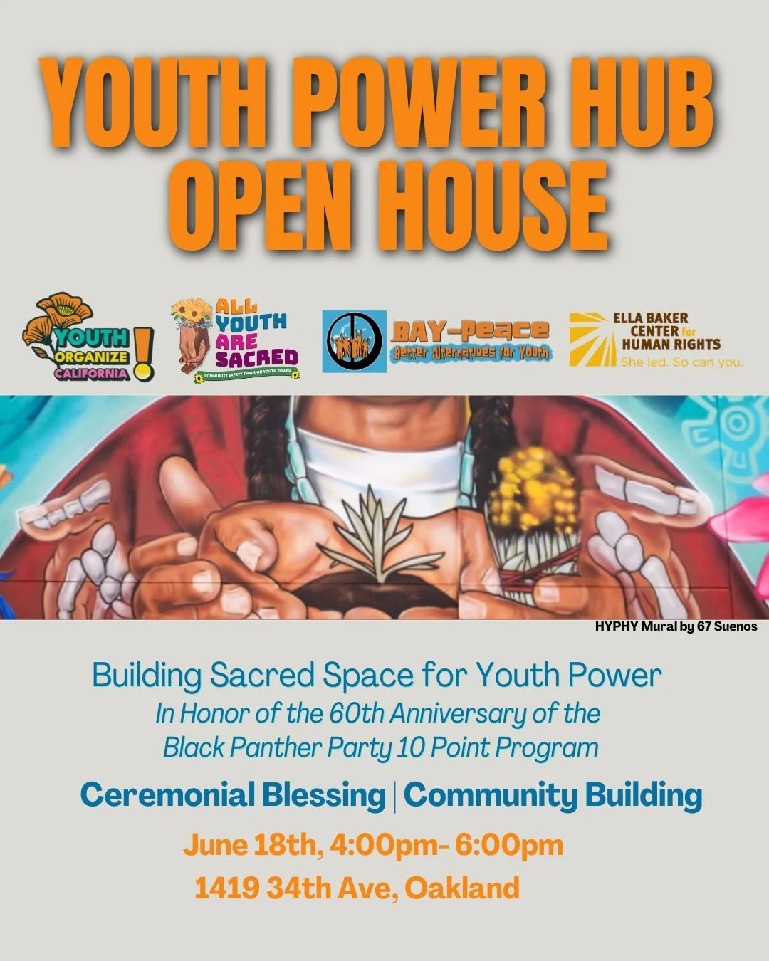 You&rsquo;re invited ✨🌹

Join us June 18 at 4pm for the Youth Power Hub Open House in Fruitvale, Oakland&mdash;hosted by @BAYpeace510, @YOCali @AllYouthAreSacred &amp; @EllaBakerCenter.

✊🏿✊🏾 Honoring the legacy of the Black Panther Party&rsquo;s 