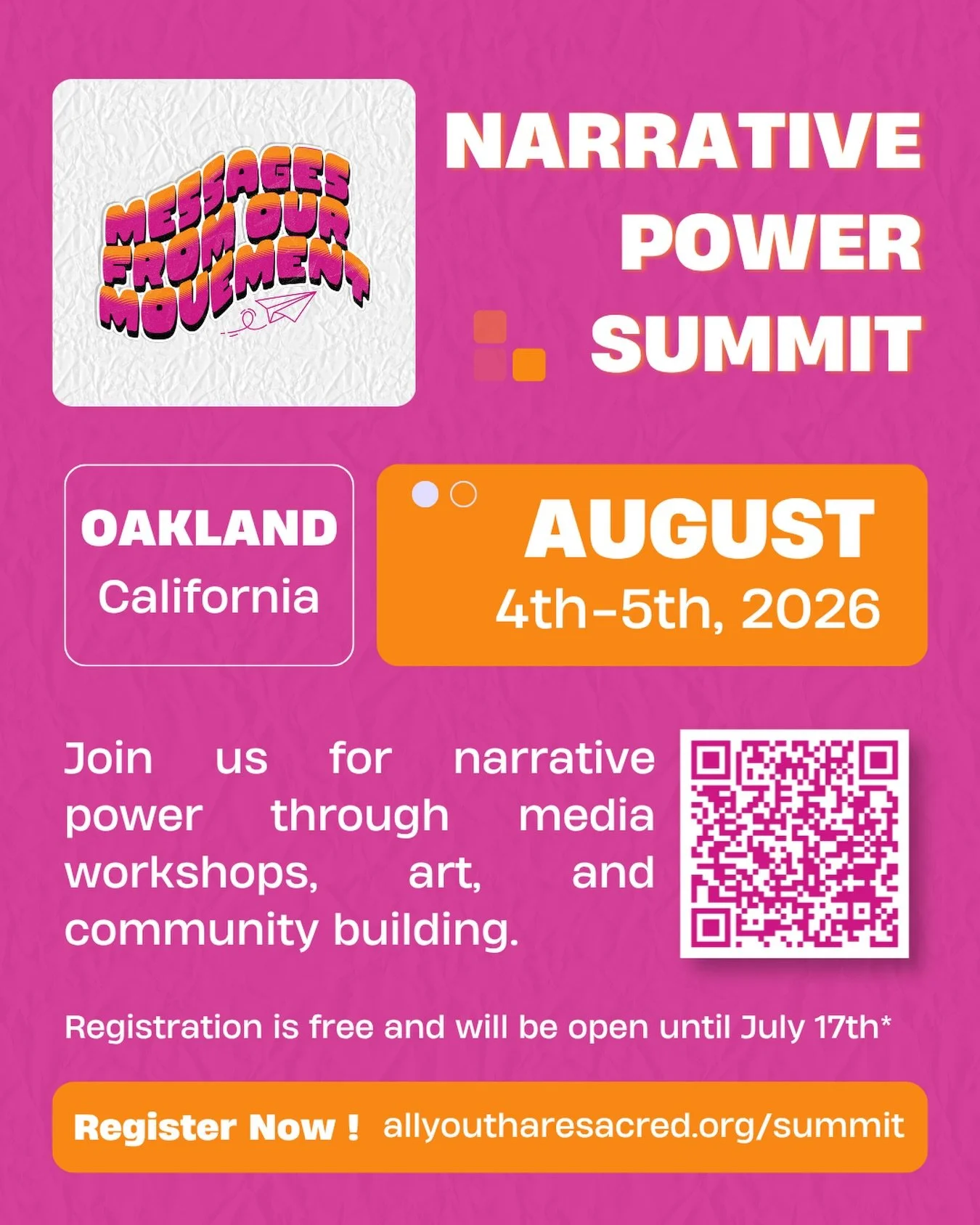 The Messages From Our Movement Narrative Power Summit will be a 2-day gathering for young people and youth advocates  to connect with one another to sharpen skills, strategize, storytell, and build narrative power✊🏾. In this current political moment