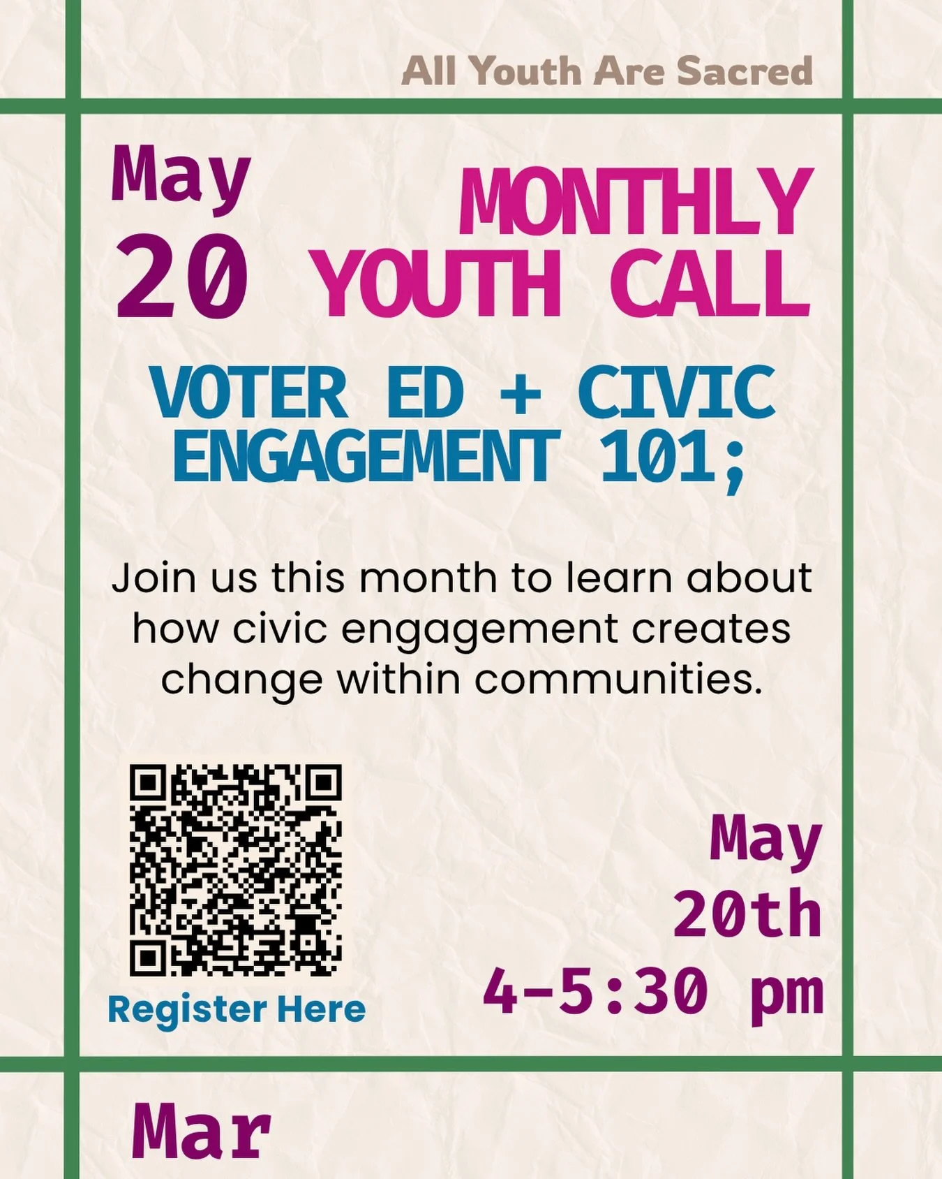 It&rsquo;s that time of the month&hellip; Join us next Wednesday May 20th at 4pm to discuss civic engagement, voting, and election logistics! Register with the QR code or 🔗 link in our bio