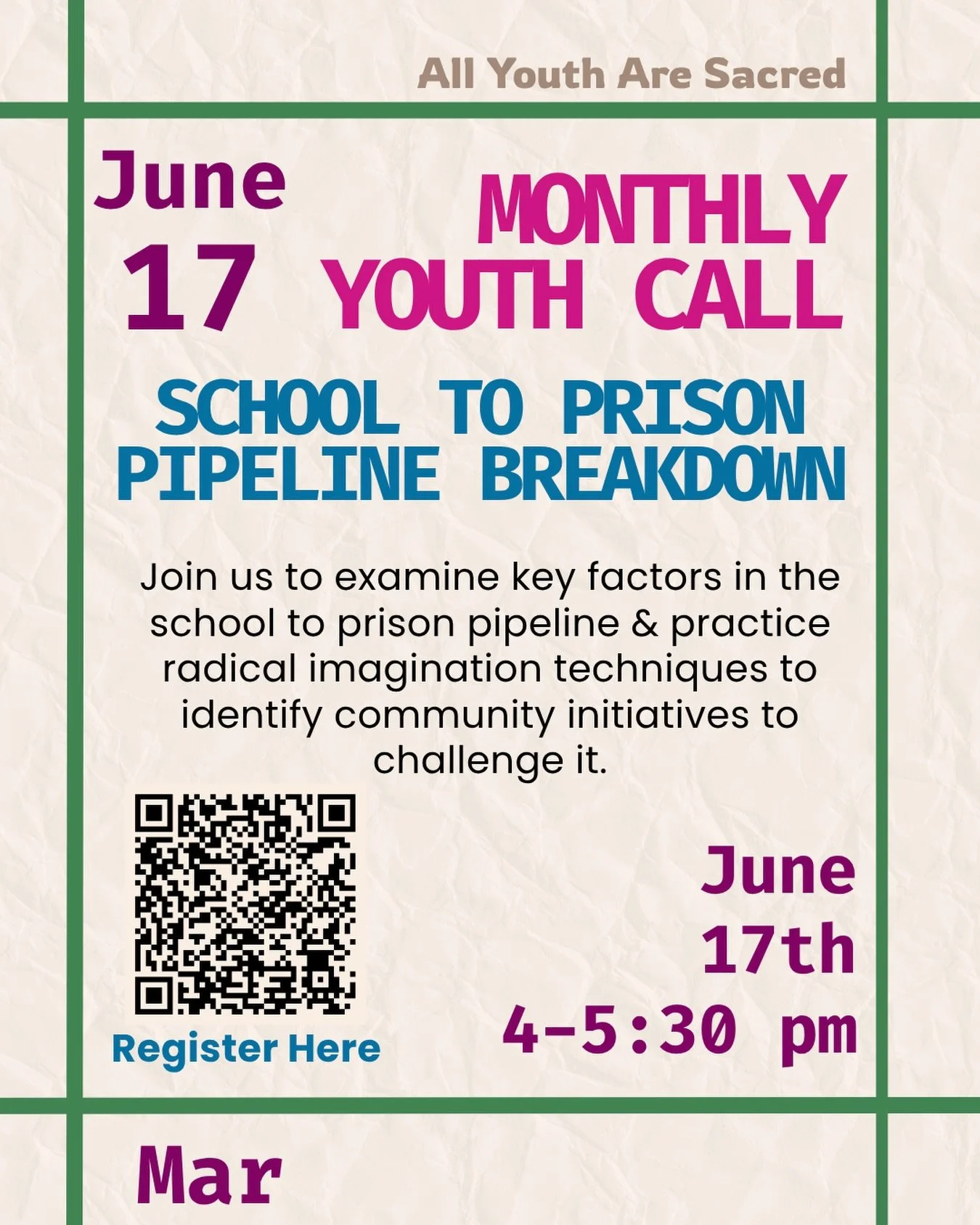 It&rsquo;s that time of month📢 join our monthly youth call June 17th to discuss the school to prison pipeline and practice radical imagination🌱✍🏾 Register using the QR code or link in our bio