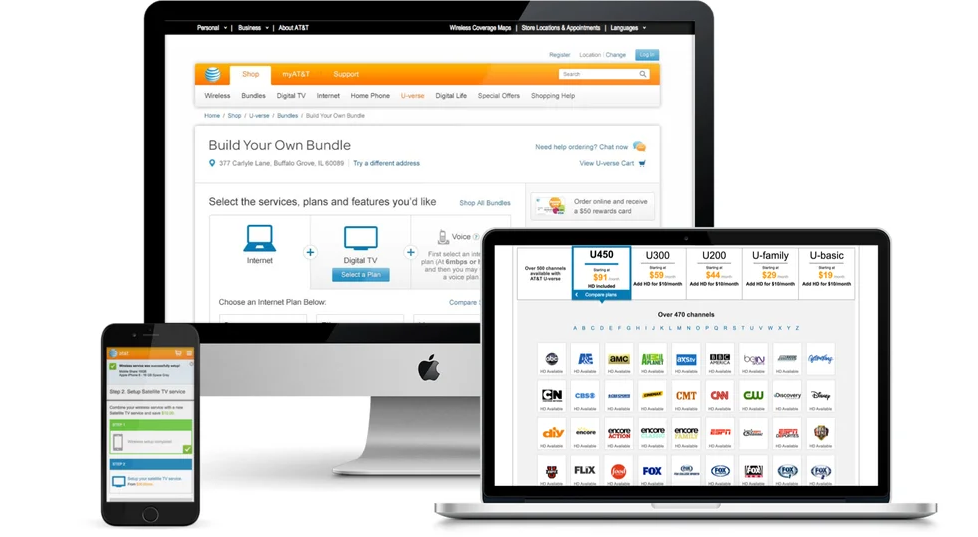 Triple electronic devices showing AT&T website and service options: a desktop monitor, a tablet, and a smartphone.
