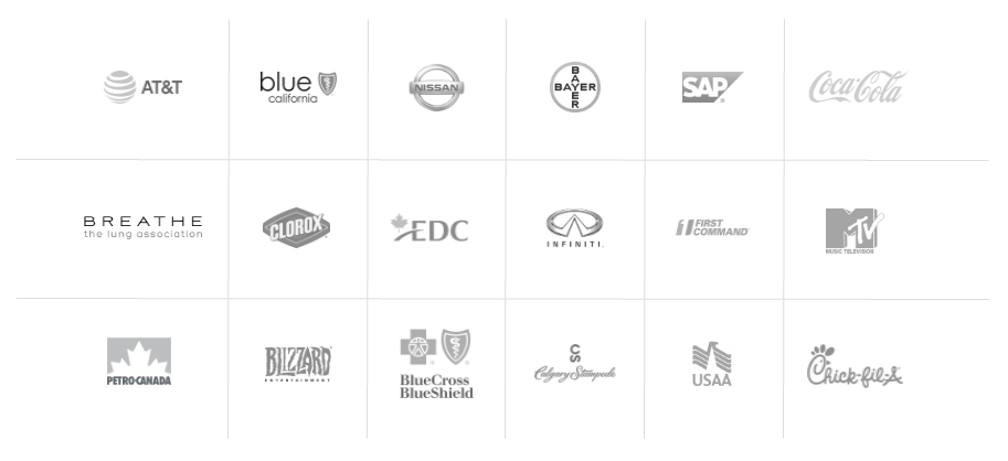 A collection of logos from various companies including AT&T, Blue California, Nissan, Bayer, SAP, Coca-Cola, Breathe, Clorox, EDC, Infiniti, First Command, MTV, Petro-Canada, Blizzard, BlueCross BlueShield, Colorado Sample, USA, and Chick-fil-A.
