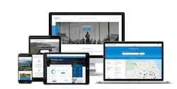 Multiple electronic devices including a monitor, tablet, and smartphones displaying Blue Shield of California website and app screens.