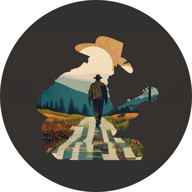 Silhouette of a person walking down a path with a scenic mountain landscape inside, viewed through a stylized circular cutout. Outline of a musician named Morgan