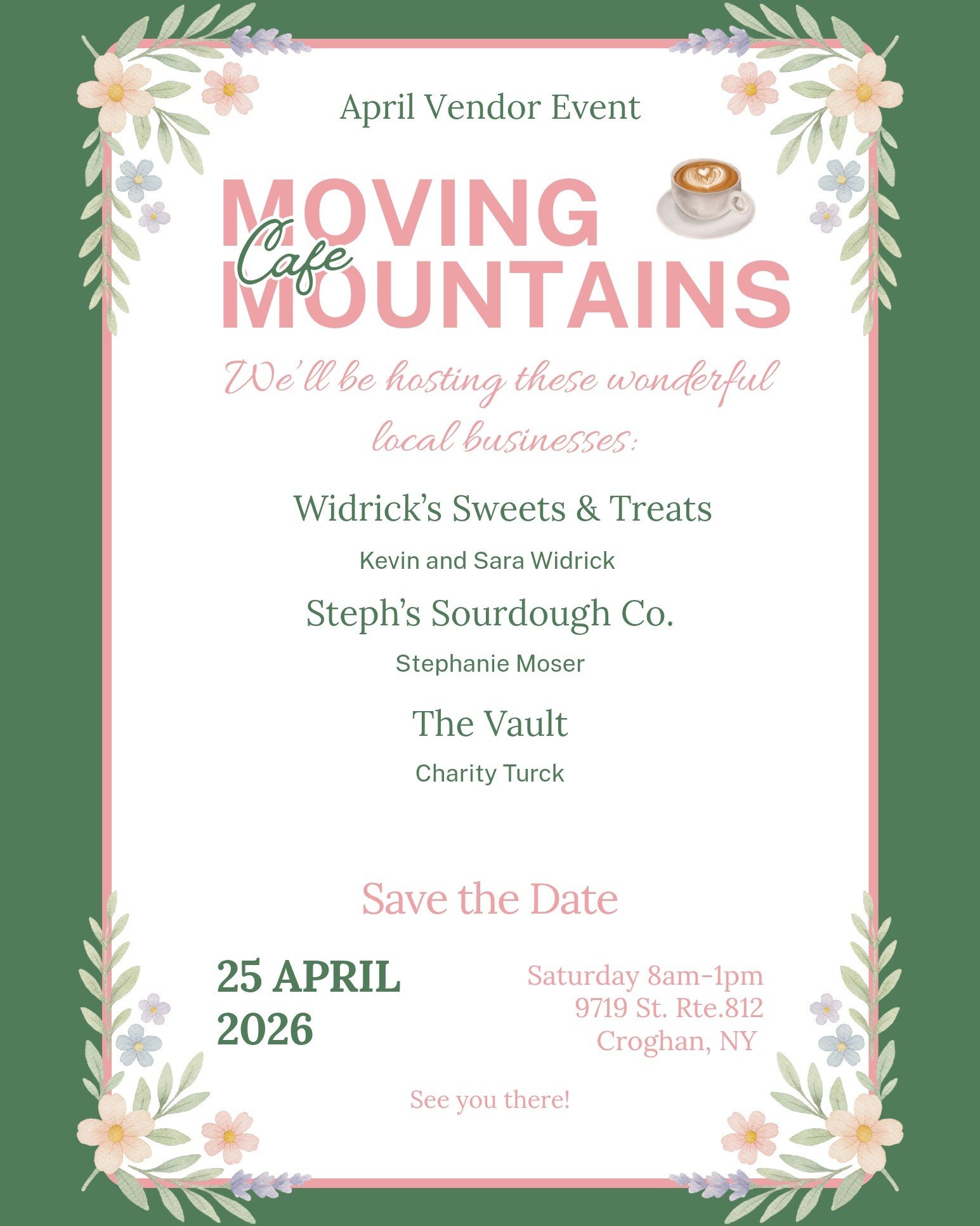 🎈 Saturday, April 25th Vendor Event Announcement:

We&rsquo;re excited to host three amazing local businesses next Saturday! Sara Widrick of Widrick&rsquo;s Sweets &amp; Treats will be joining us, along with Stephanie Moser of Steph's Sourdough Co  