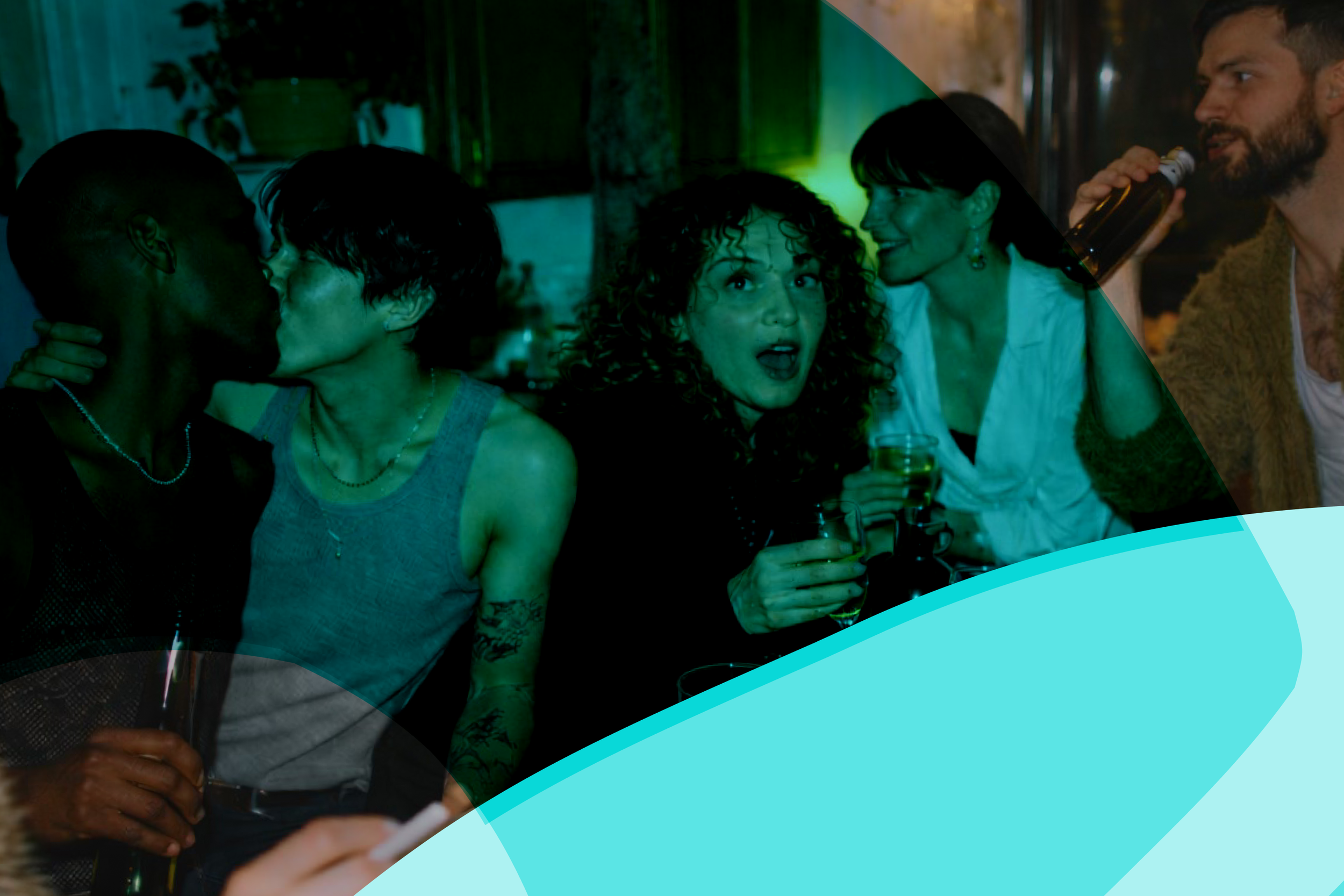 A group of queer friends at a late-night afterparty. Two people kiss in the foreground while others laugh and drink under green club lighting, capturing an intimate, joyful, post-midnight vibe.