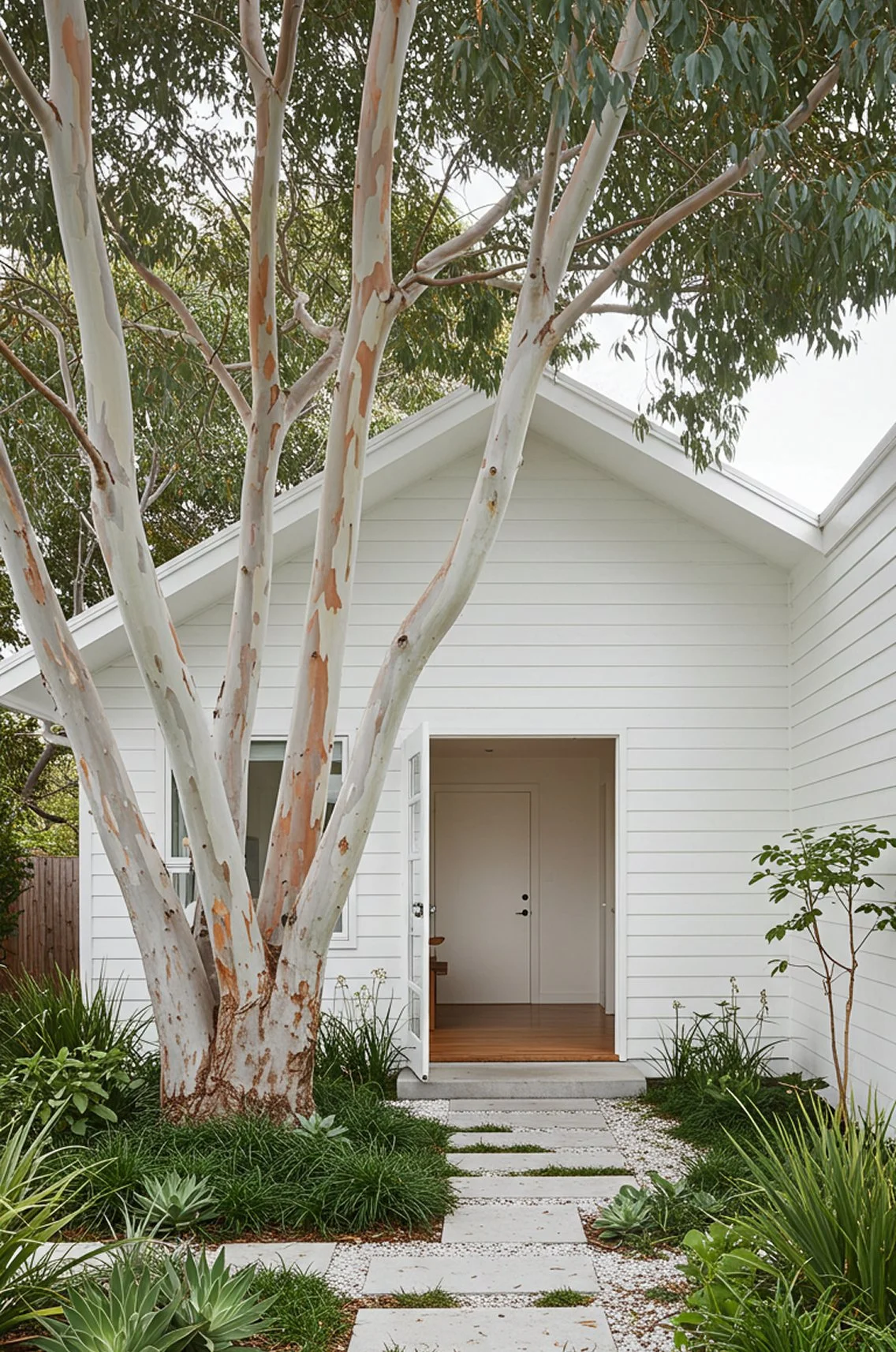 White house with open front door, pathway with stepping stones, lush garden with various green plants, and a large tree with peeling bark in the front yard.