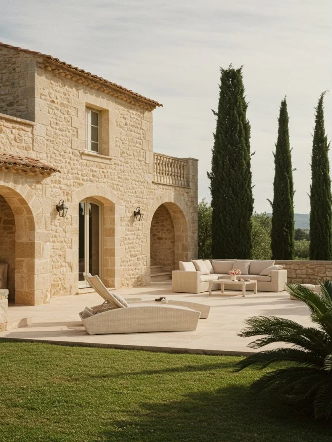 Stone house with a tiled roof, outdoor patio with beige cushioned furniture, tall cypress trees, and a mix of grass and stone flooring.