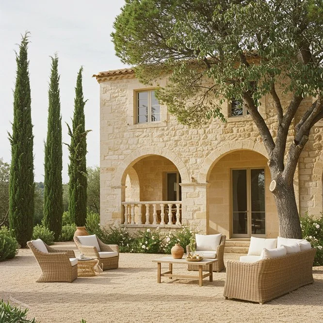 A stone house with arched doorways and windows, surrounded by tall cypress trees and a large leafy tree. Outdoor furniture including wicker chairs, a wicker sofa, and a wooden table are arranged on a gravel patio.