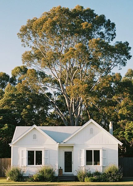 White house with a gray roof in front of tall leafy trees under a clear blue sky.