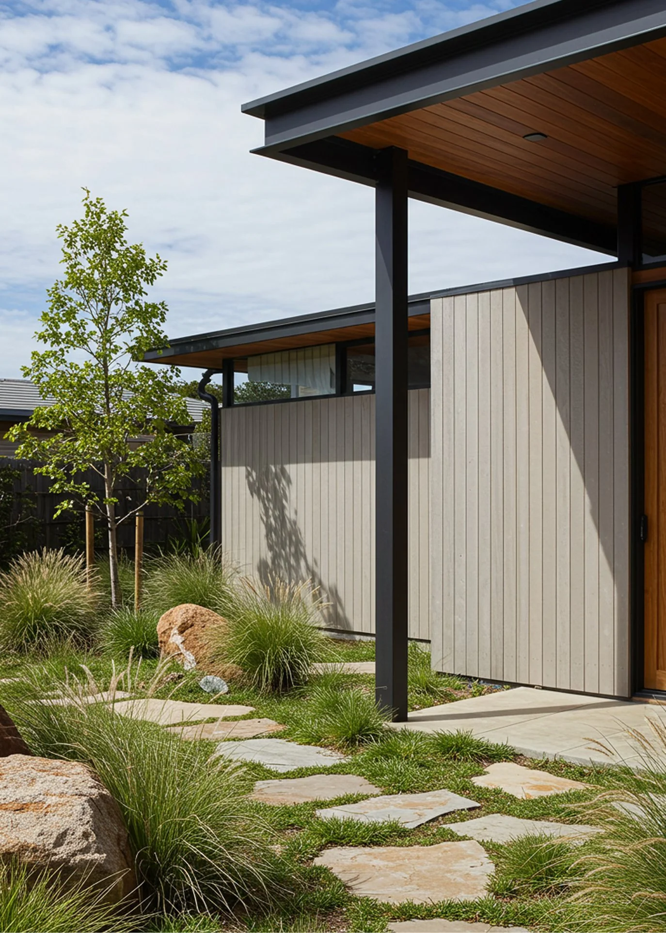 Modern house with a wooden overhang, beige vertical siding, surrounded by a landscaped garden with rocks, grass, and a young tree.