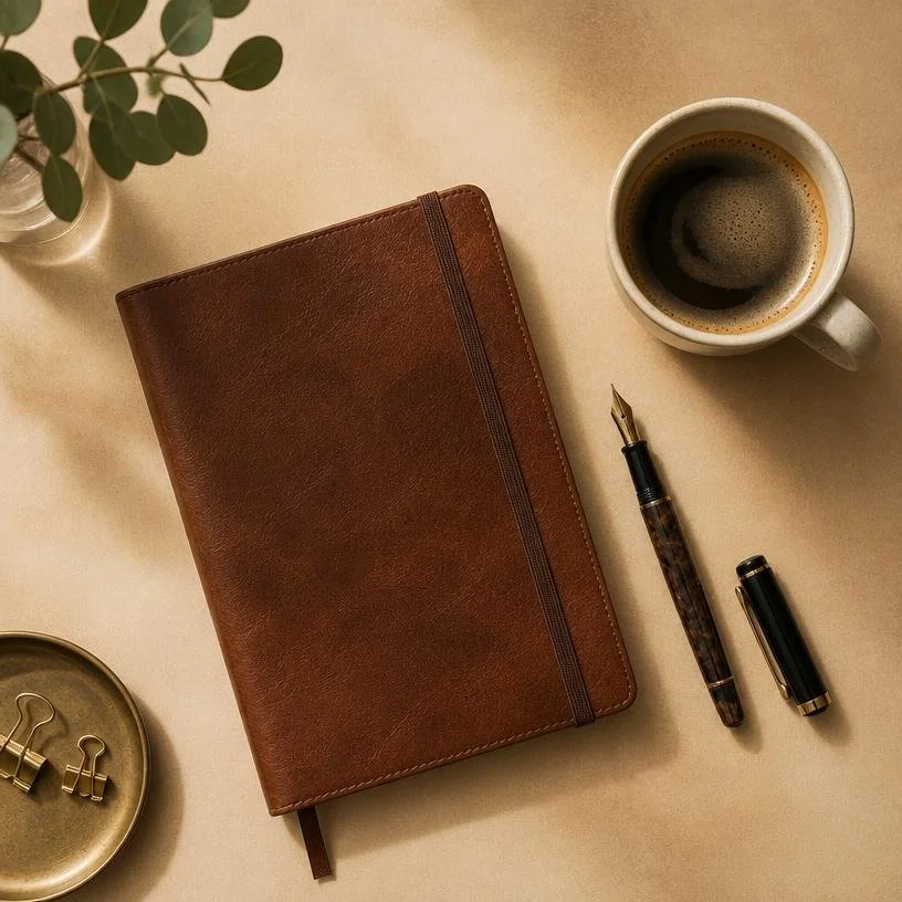 A flat lay of a brown leather journal, a fountain pen, a fountain pen cap, a white coffee mug filled with coffee, a small round brass tray with gold binder clips, and a glass vase with green leaves on a beige surface.