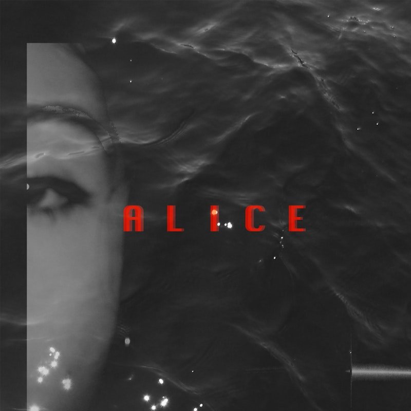 Black and white photo of a woman's face partially submerged in water with the word 'ALICE' in red text across the center.