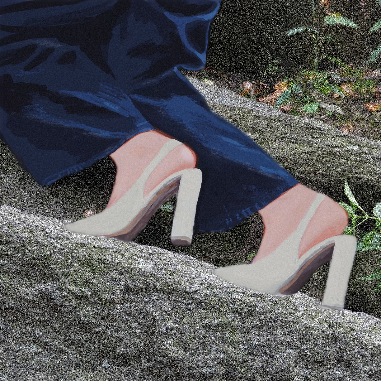 Close-up of a person's legs and feet wearing high-heeled shoes and dark blue pants, sitting on a stone surface with greenery nearby.
