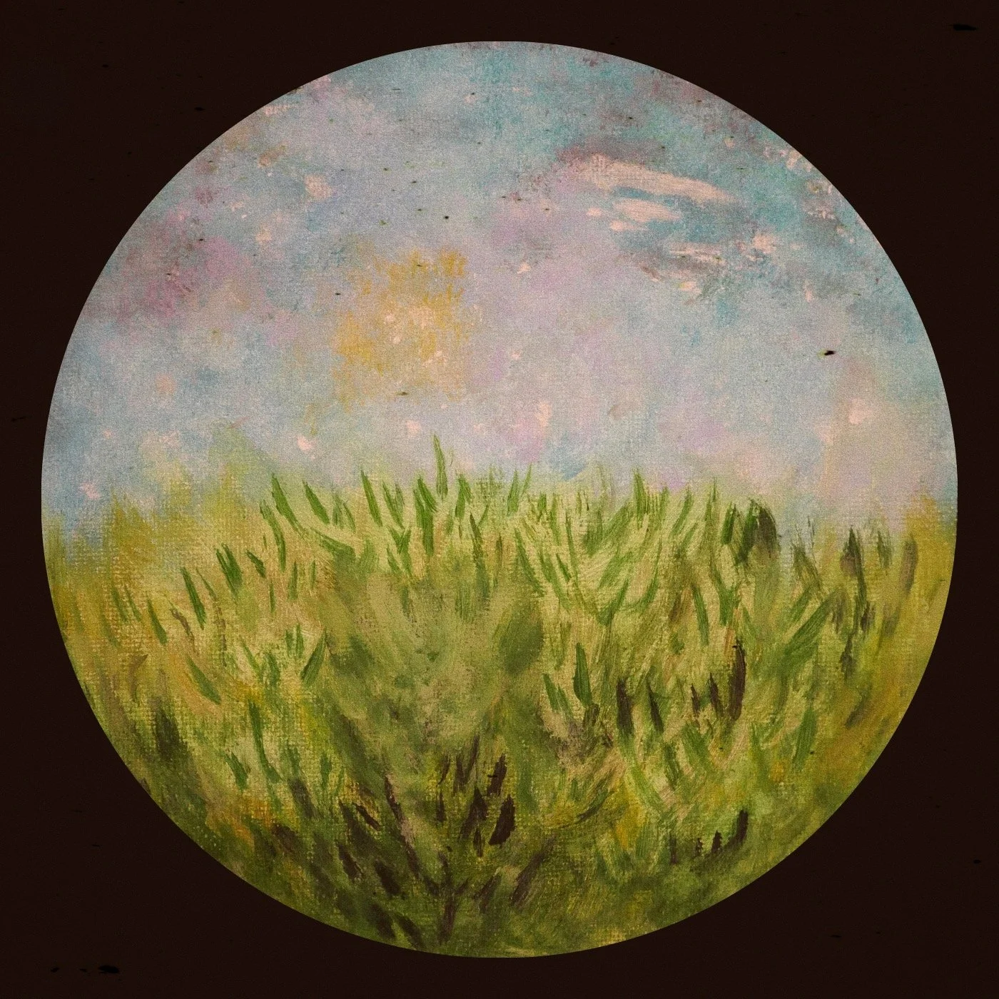 Painted landscape of green grass with a blue sky and pink and white clouds.