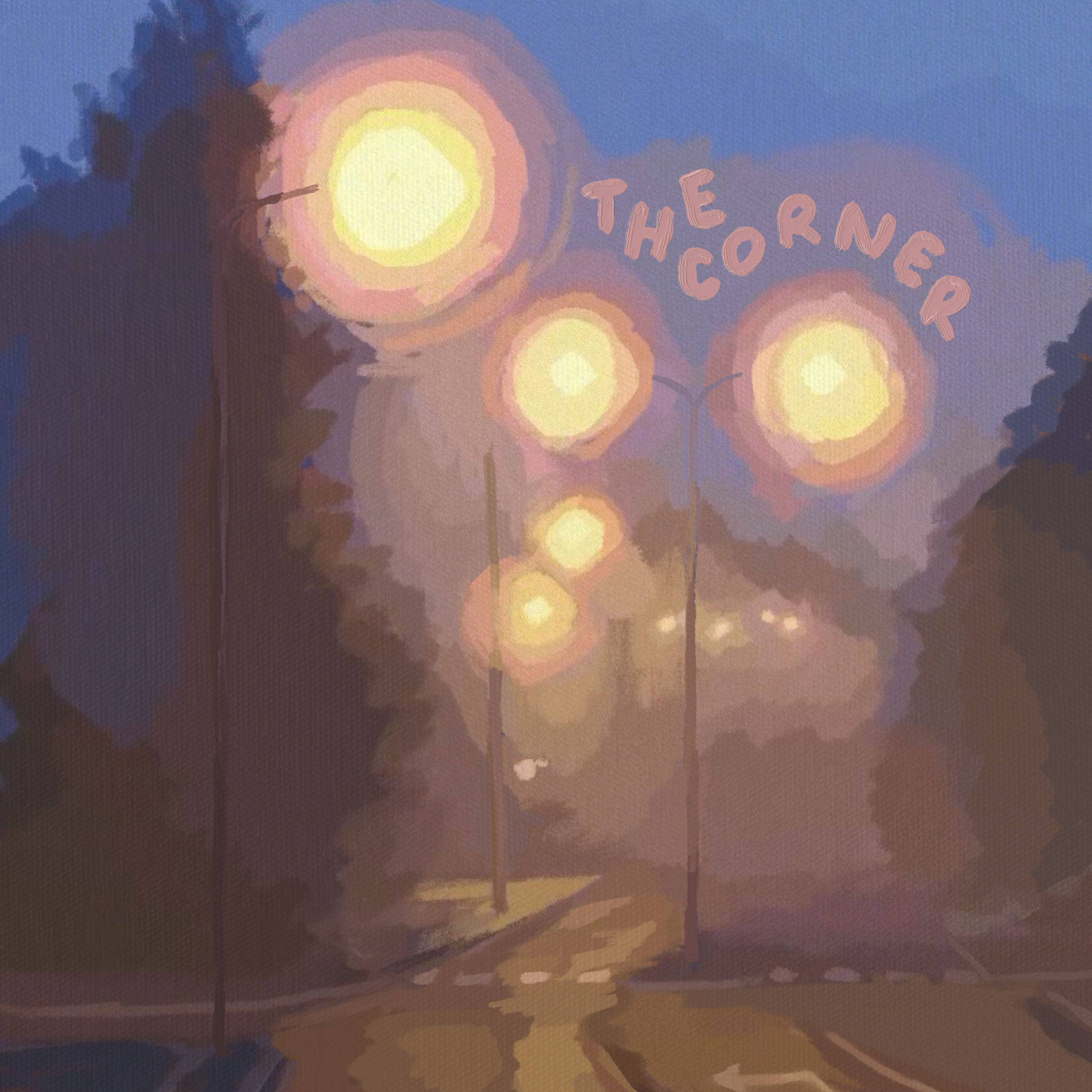Painting of a street scene at dusk with streetlights and trees, with the words "The Thorner" written in the sky.