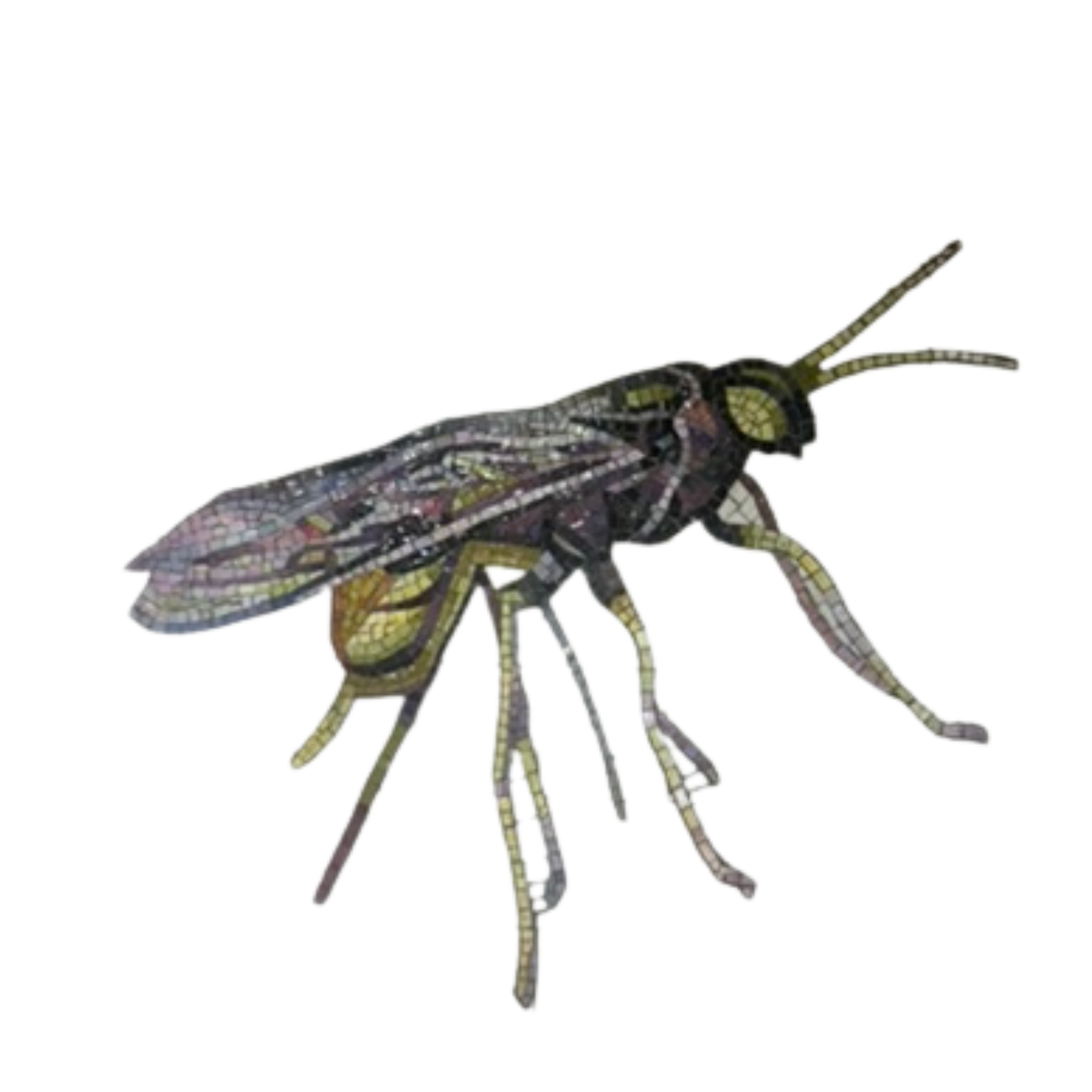 Colorful stained glass depiction of a mosquito with detailed wings, legs, and long antennae.