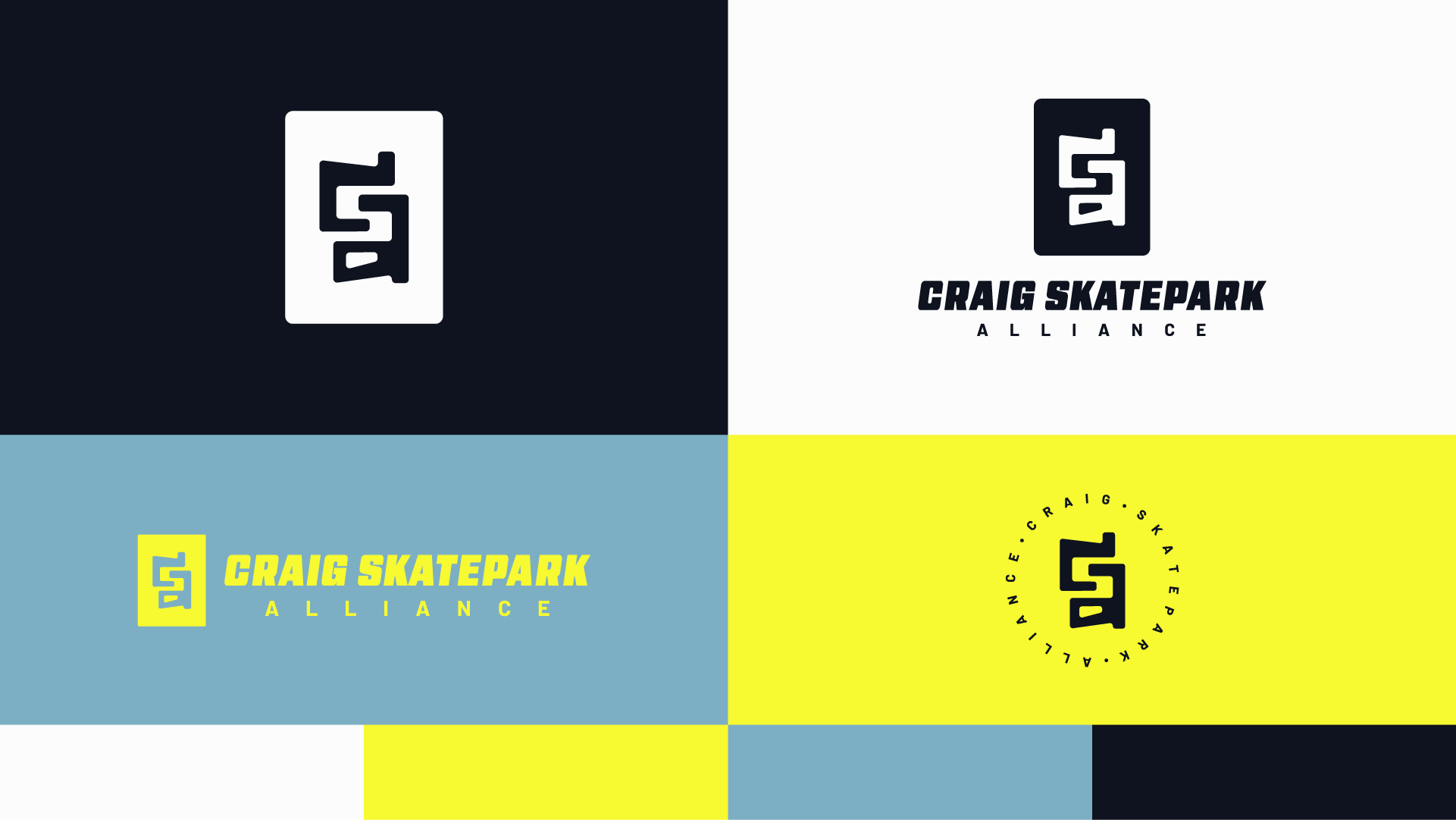 A collage of four different logos for Craig Skatepark Alliance, each with a stylized 'S' symbol and different color schemes including black, white, blue, and yellow backgrounds.