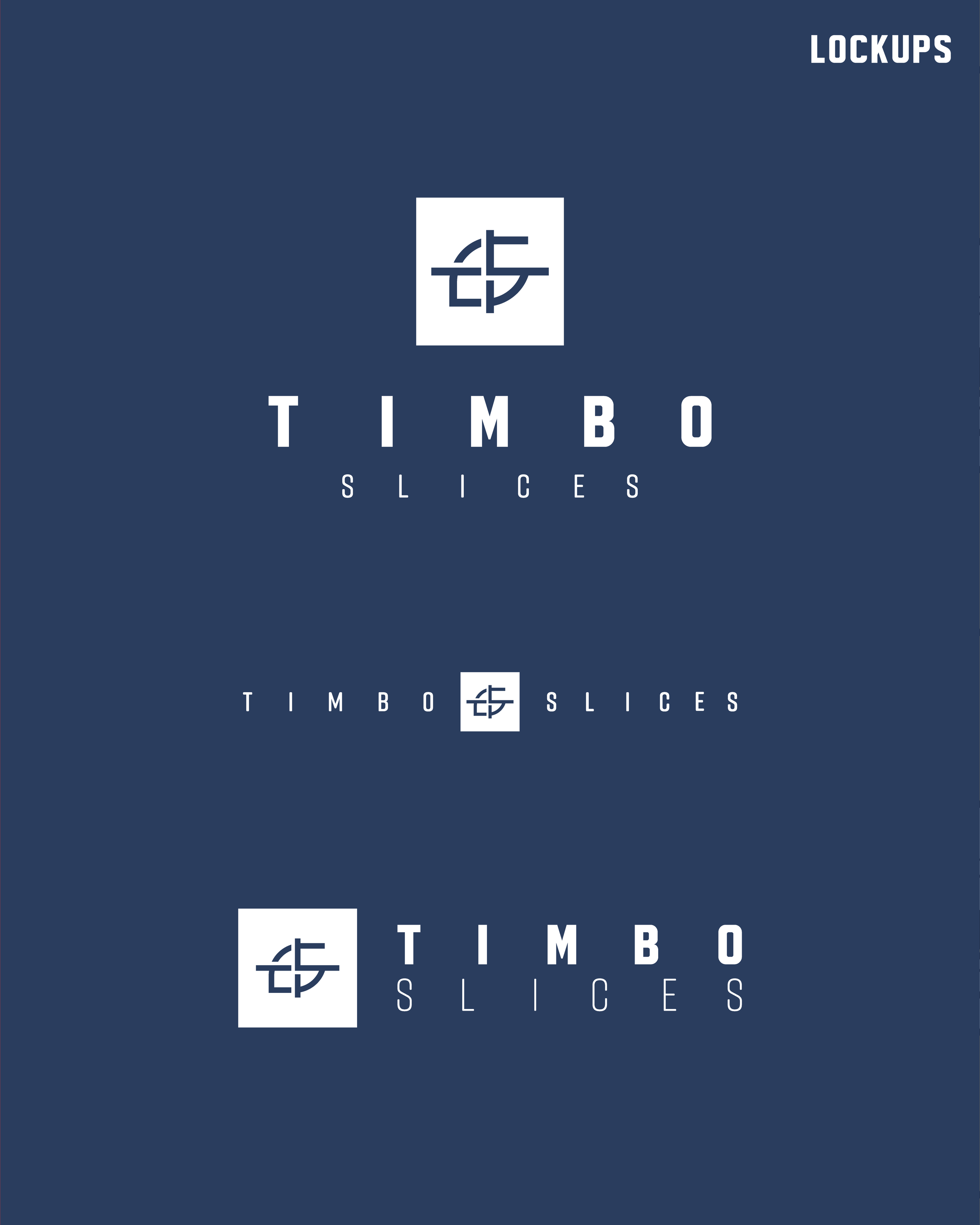 Various logo designs for Timbó Slices, a brand that produces lockups and icons, with the text 'Timbó Slices'.