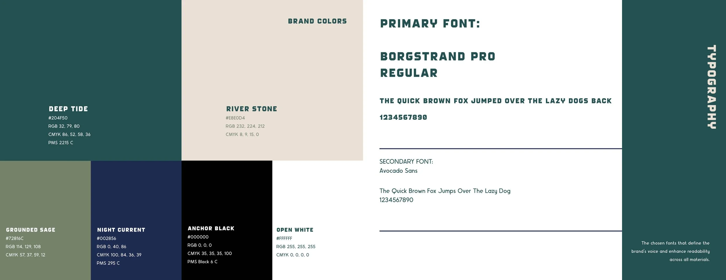 Color palette and typography guide showing brand colors, font types, and color codes for Deep Tide, River Stone, and other color swatches with font names Borgstrand Pro Regular and Avocado Sans.