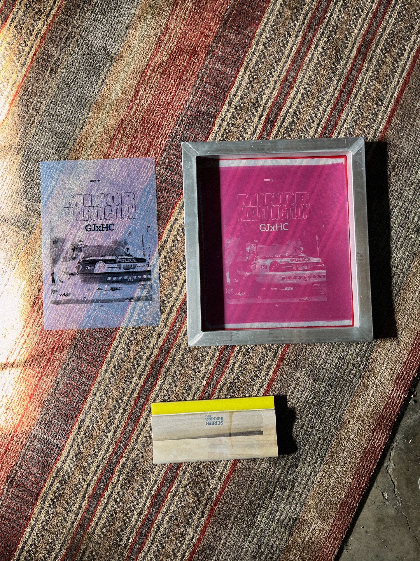 Late night in the shop pulling prints for @minorxmalfunction.gj 

There&rsquo;s something about hand-pulling a one-color halftone on black that just hits different. No shortcuts, no digital workarounds. Just the screen, a squeegee, and getting the pr