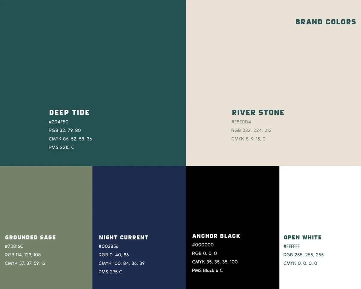 Color palette with six sections labeled Deep Tide, River Stone, Grounded Sage, Night Current, Anchor Black, and Open White, each displaying color codes and RGB values.