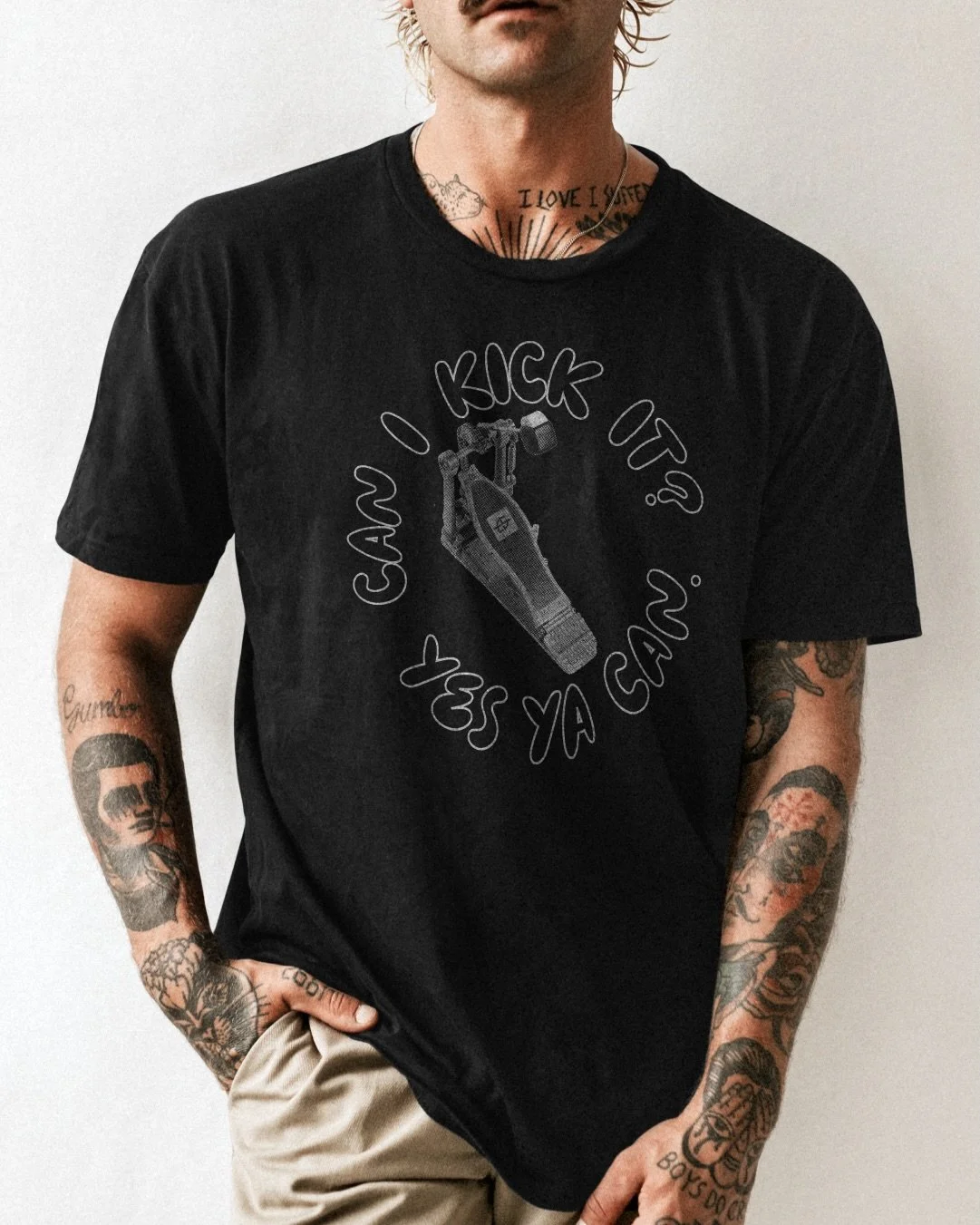 Can I kick it?
Yes ya can. 🥁

Been sitting on this shirt idea for a minute! A little love letter to my fellow drummers, beat makers, crate diggers, and anyone who knows that hip-hop is everything 🔥🔥

One color. Halftones. Clean, white on black pri