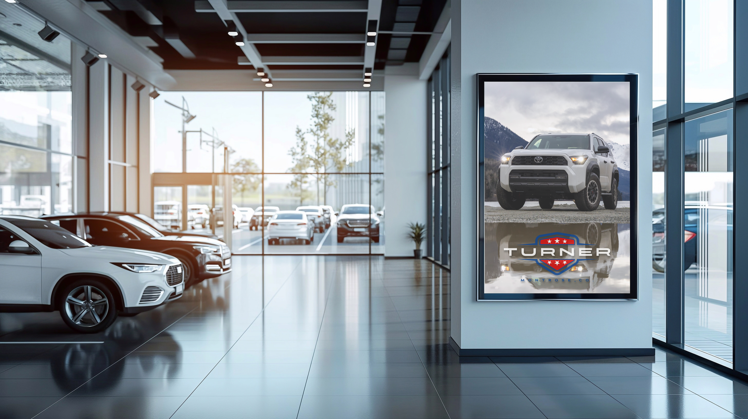 Inside a modern car dealership showroom with several new cars parked indoors, large windows showing an outdoor parking lot, and a framed advertisement on the wall displaying a white SUV with a mountain background and the Turner logo.