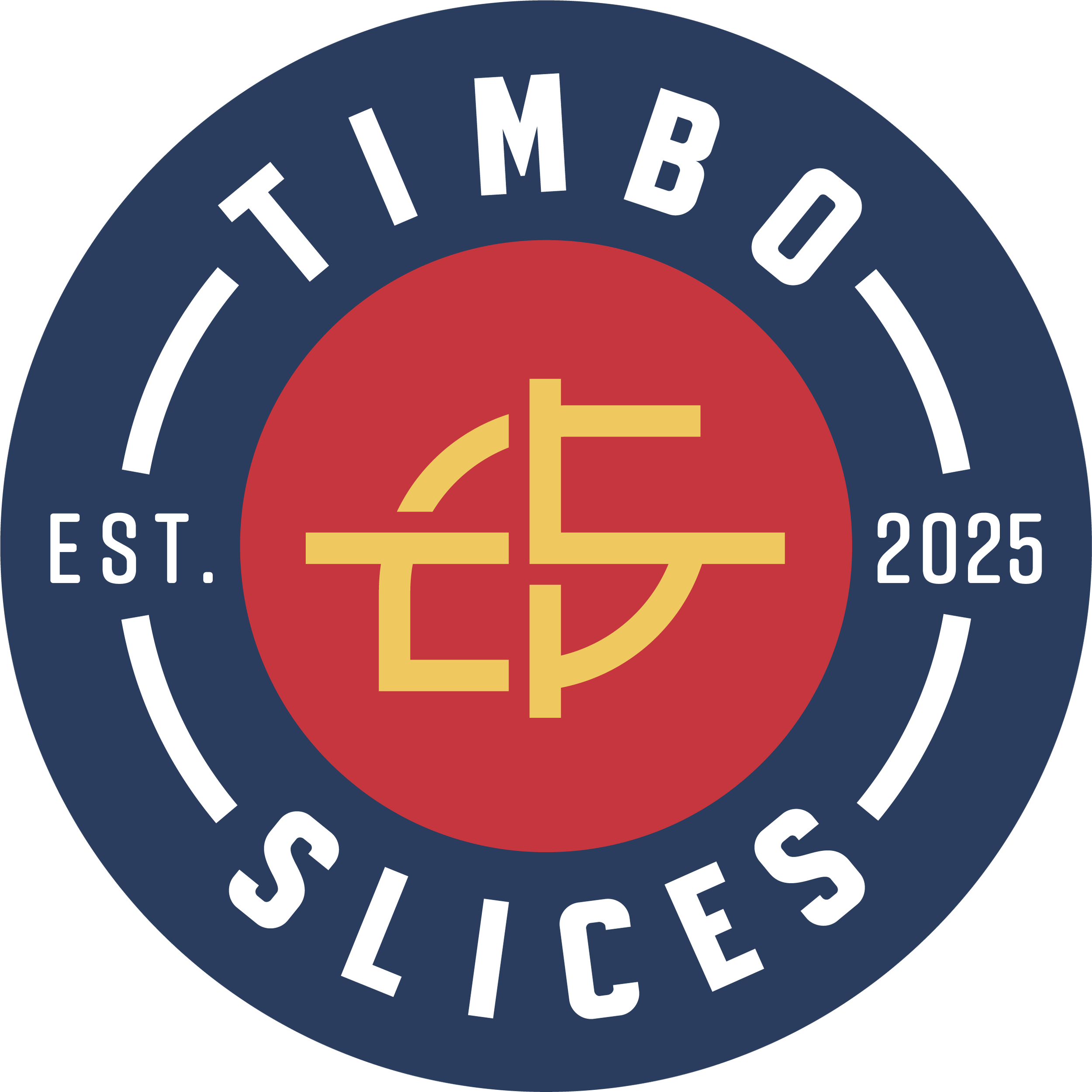 A circular logo with a dark blue outer ring that says 'Timbox Slices' at the top and 'Est. 2025' on the sides, and a red inner circle with a yellow stylized clock symbol at the center.