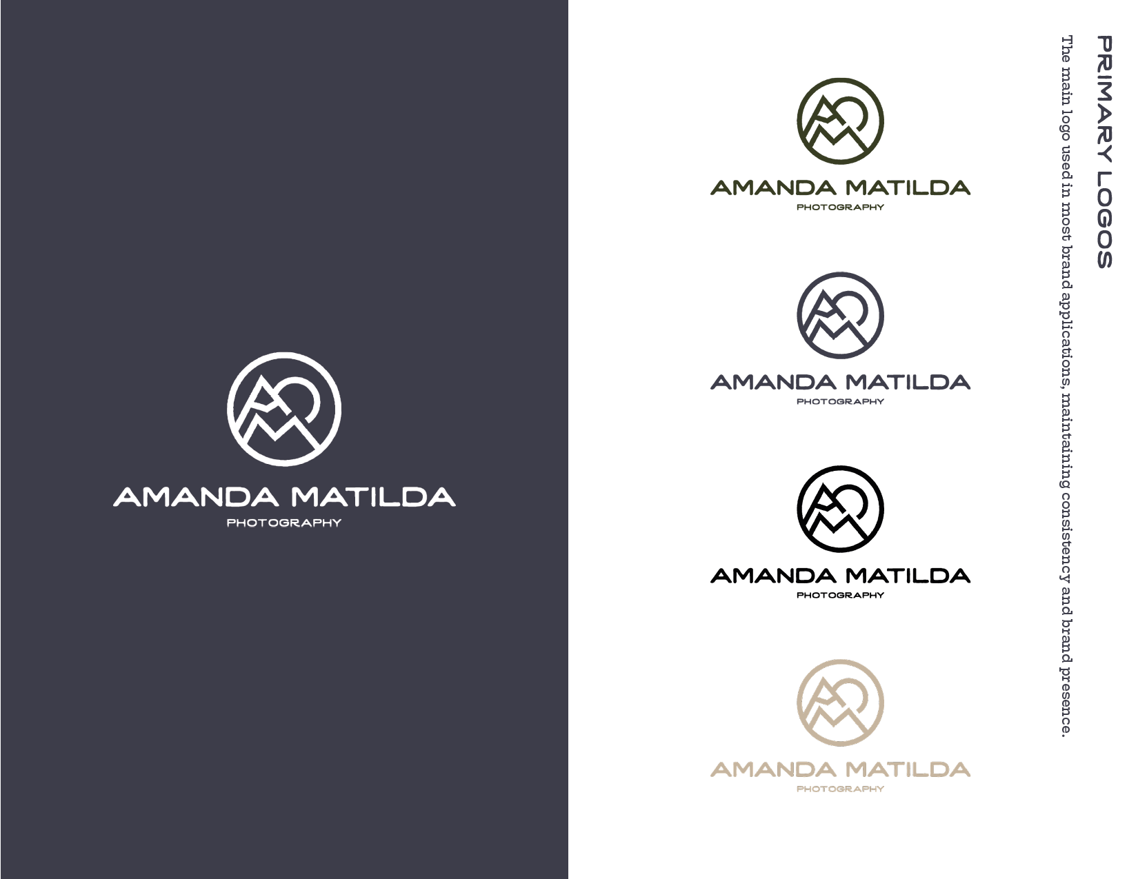 Logo designs for Amanda Matilda Photography, featuring a circular mountain and heart-shaped mountain symbol in different colors and styles.