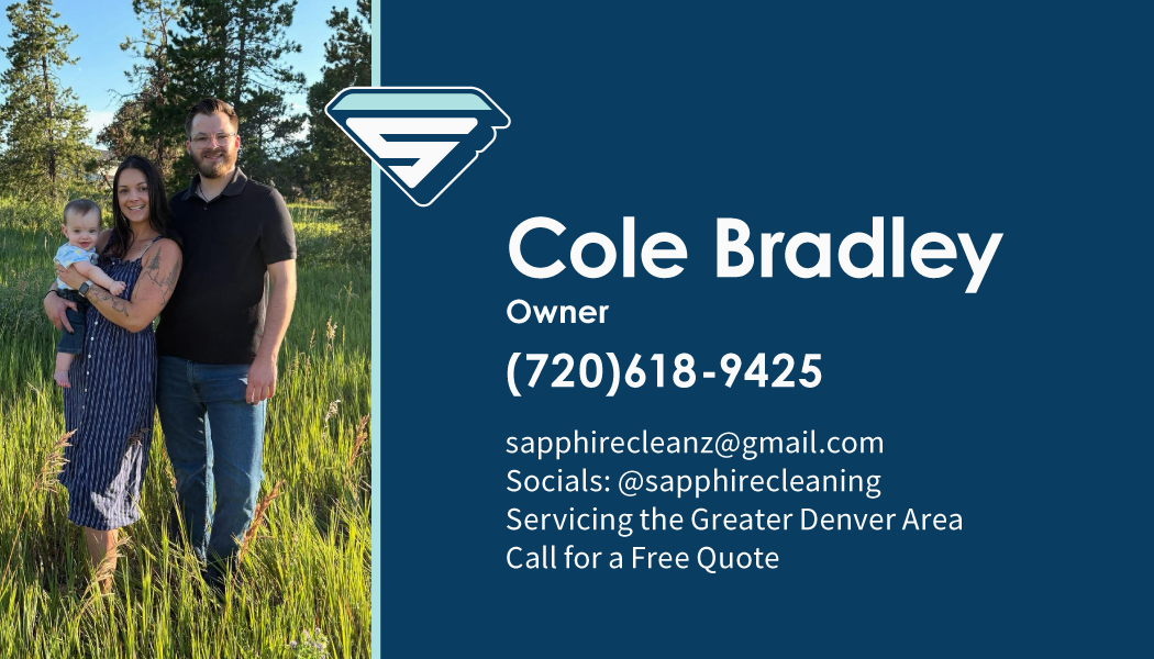 A woman, man, and baby standing in a grassy field with trees in the background. The woman is holding the baby, and the man is standing next to them. The right side of the image displays a business card for Cole Bradley, owner of Sapphire Cleaning, wi