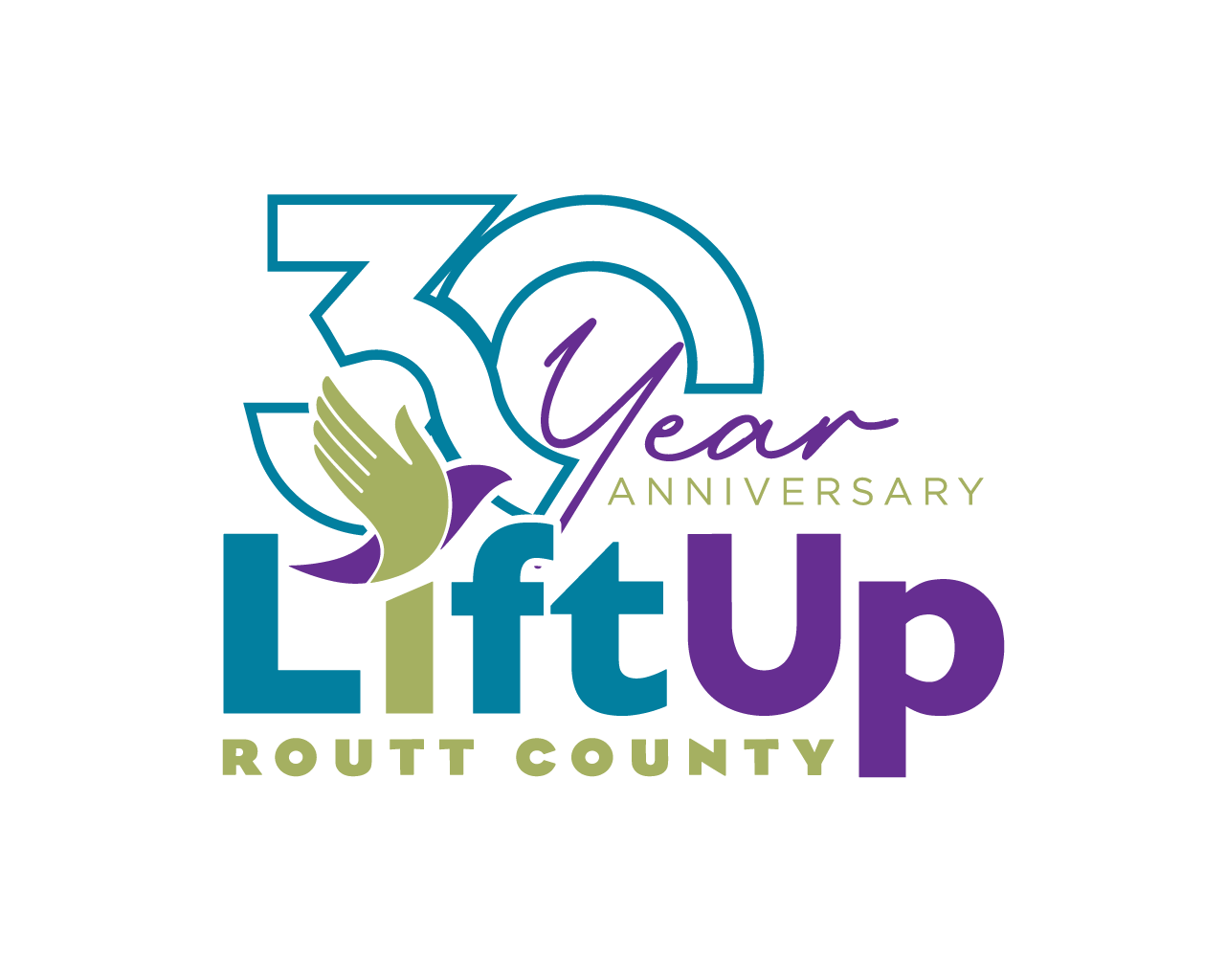 Logo celebrating 30 years of LiftUp in Routt County featuring stylized text, a dove, and the number 30.