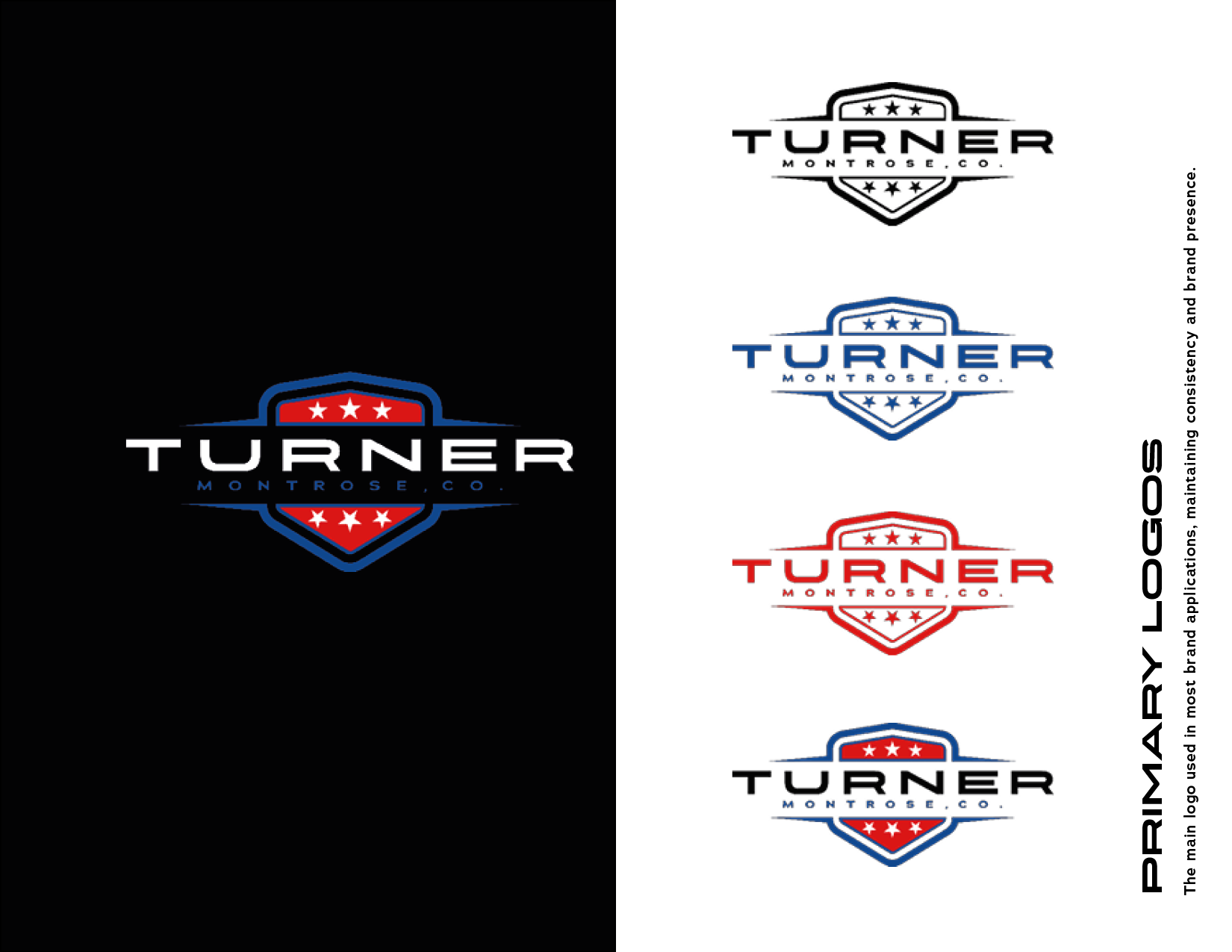 Multiple logo variations of 'Turner Montrose, CO' in different colors and styles, with the main logo featuring a shield with stars and the text 'TURNER'.