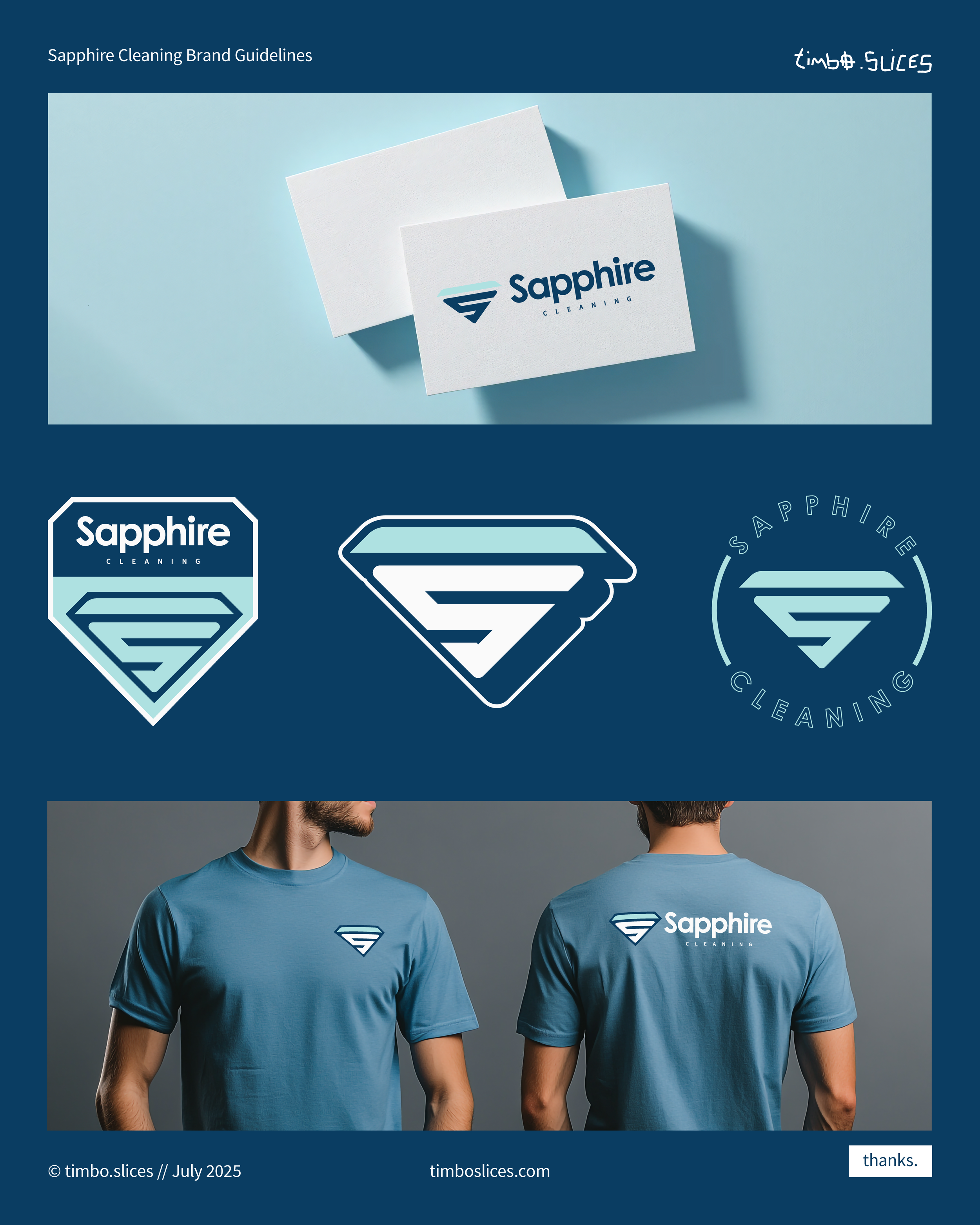 Brand guidelines for Sapphire Cleaning featuring logo designs, business card, and branded T-shirt with logo on the front and back.