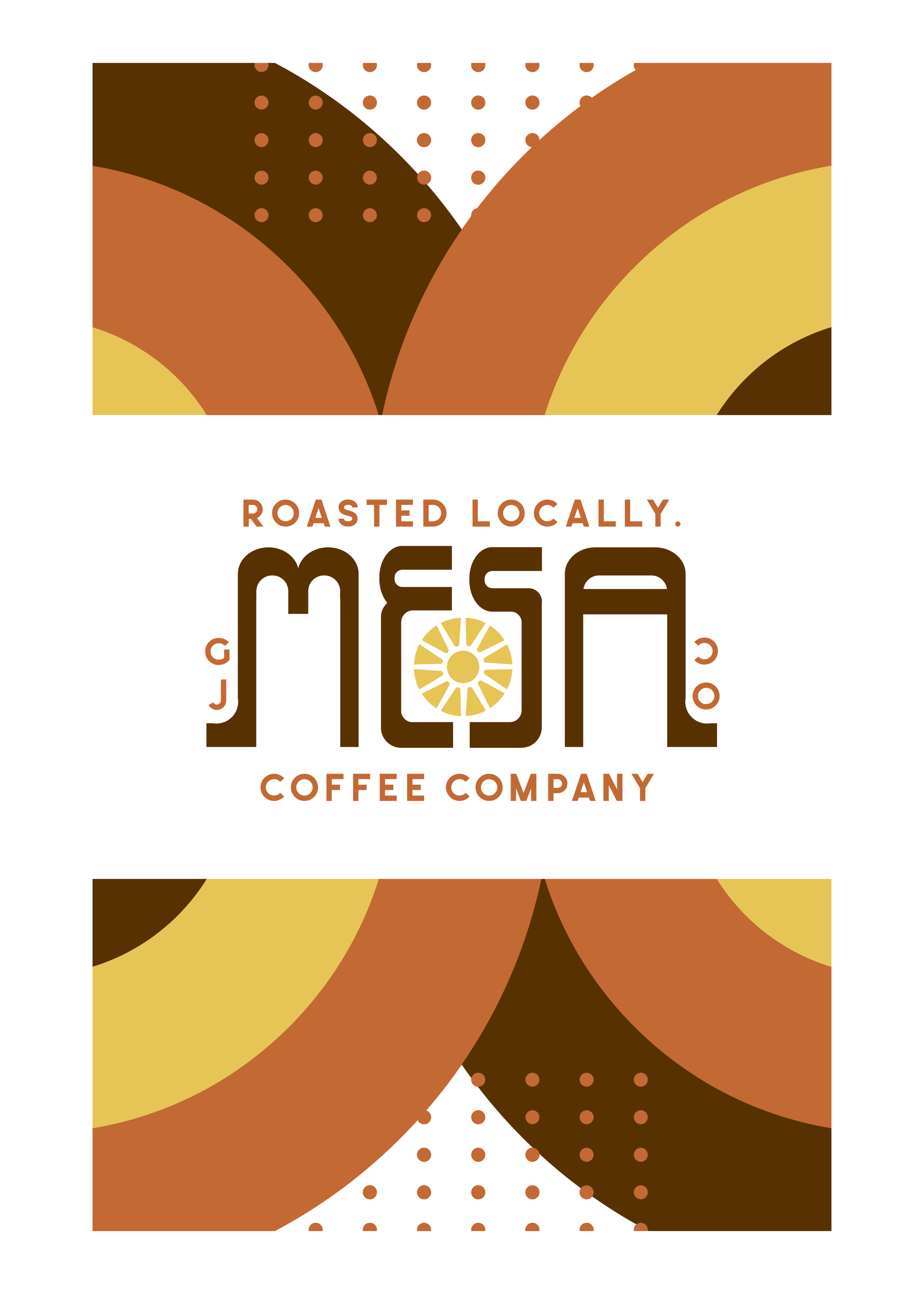 Logo for Mesa Coffee Company with the text "Roasted Locally" and a stylized sun in the center of the word "Mesa." The design features geometric patterns in shades of brown, orange, and yellow.