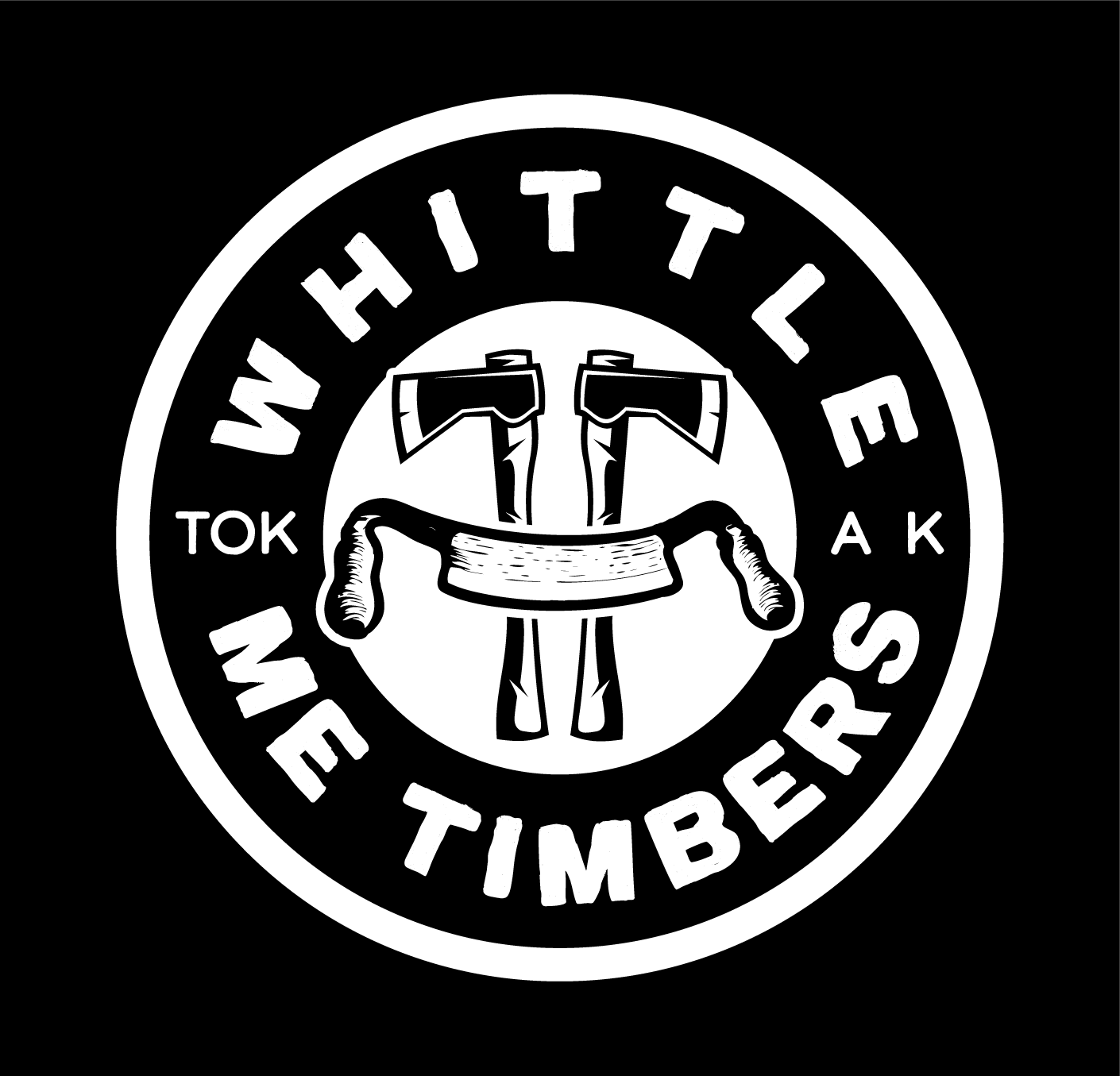 Black and white circular logo with the text "Who Titled Me Timber" around the border. The center features two crossed axes, a barbell, and a smiling face made of a belt and other gym equipment.