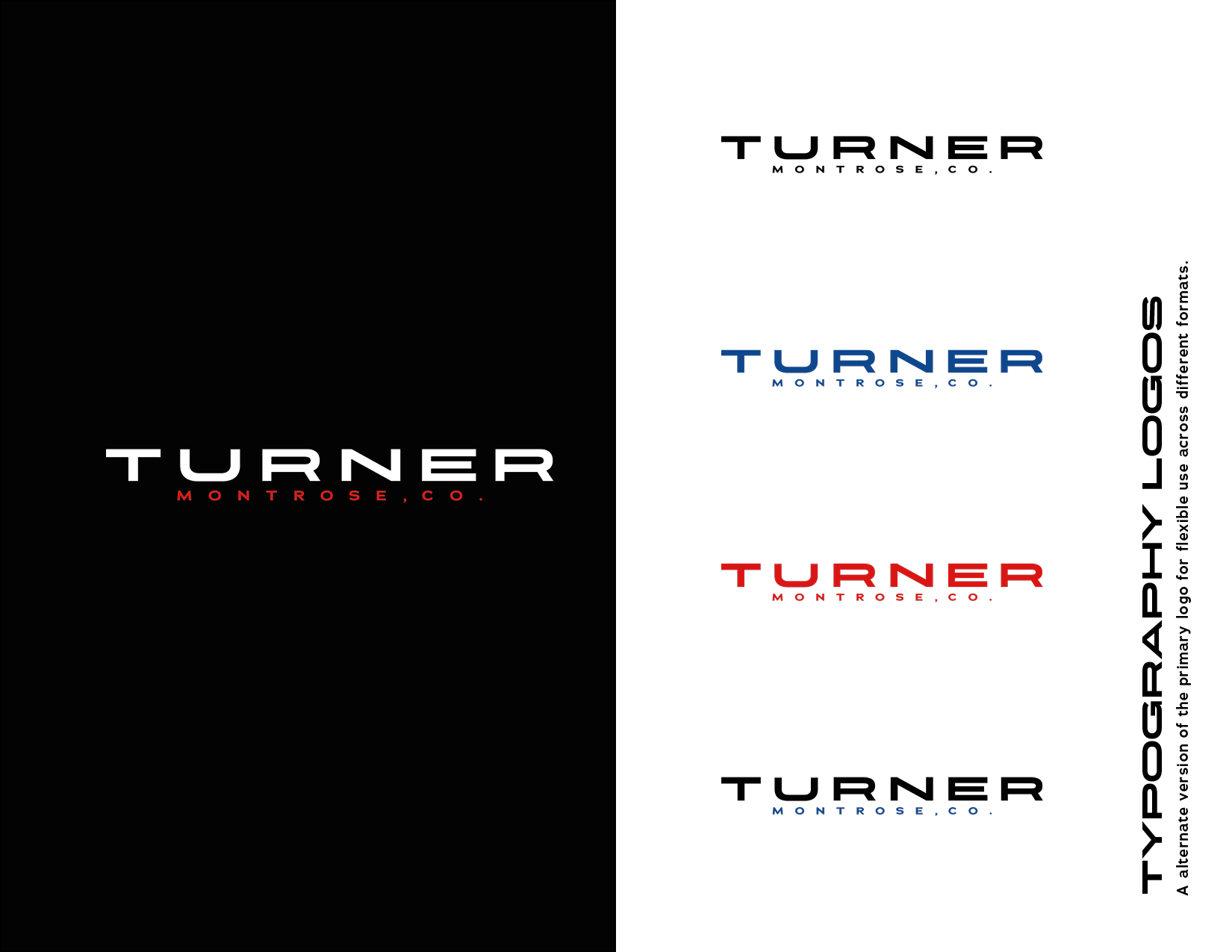 Different color variations of the primary logo for Turner Montrose, Co., featuring the word 'TURNER' with 'Montrose, Co.' below, in black, blue, red, and navy on white backgrounds, with an alternative black background.